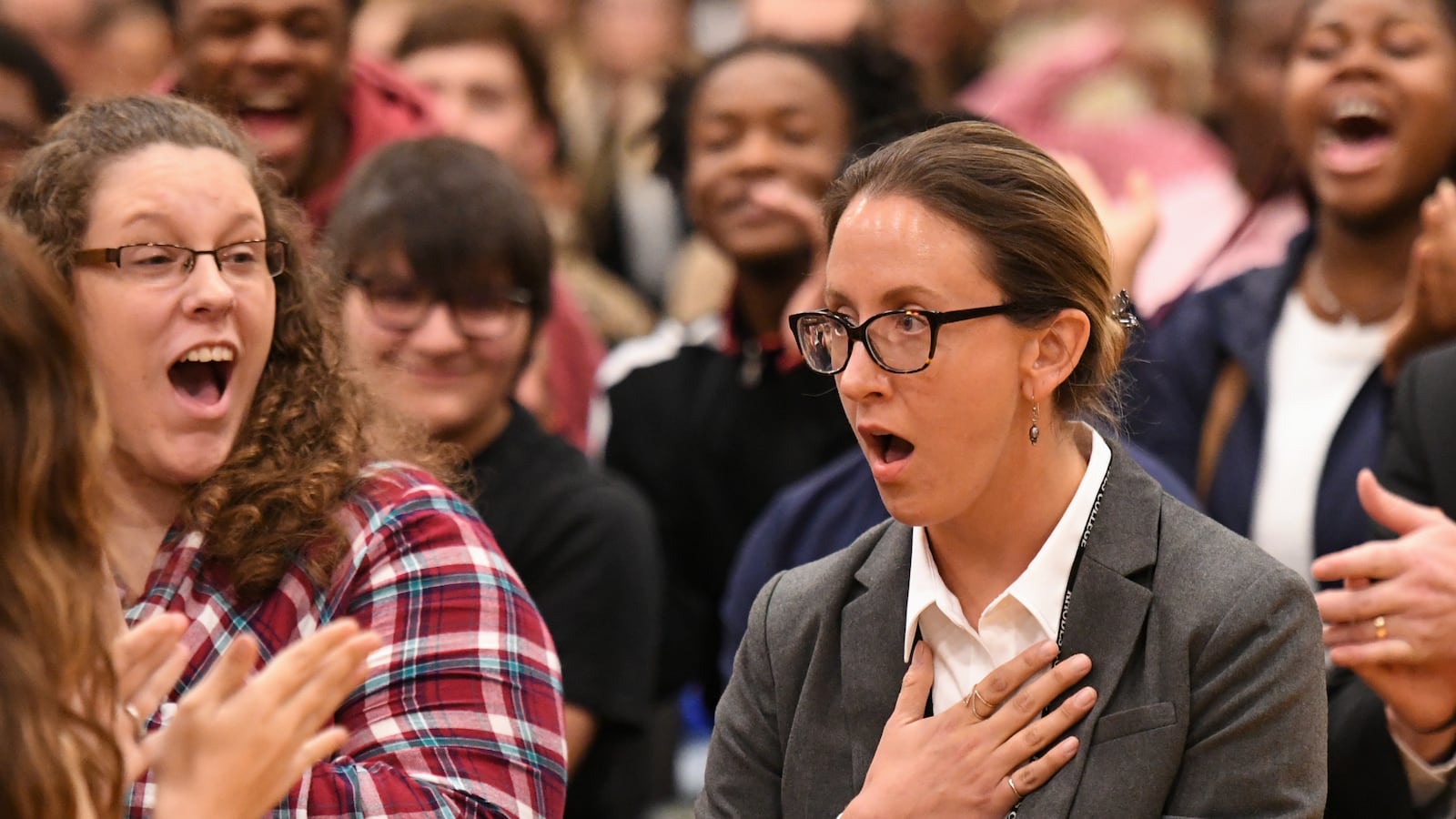 Millington English teacher Katherine Watkins reacts after learning that she is the recipient of a 2017 Milken Educator Award.