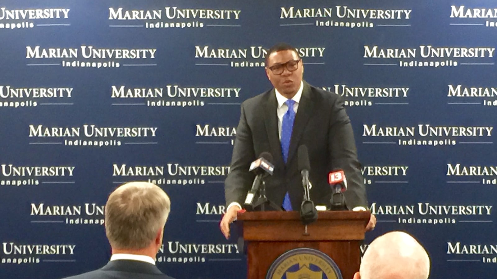 IPS Superintendent Lewis Ferebee speaks about a partnership with Marian University during a press conference today at Harshman Middle School.