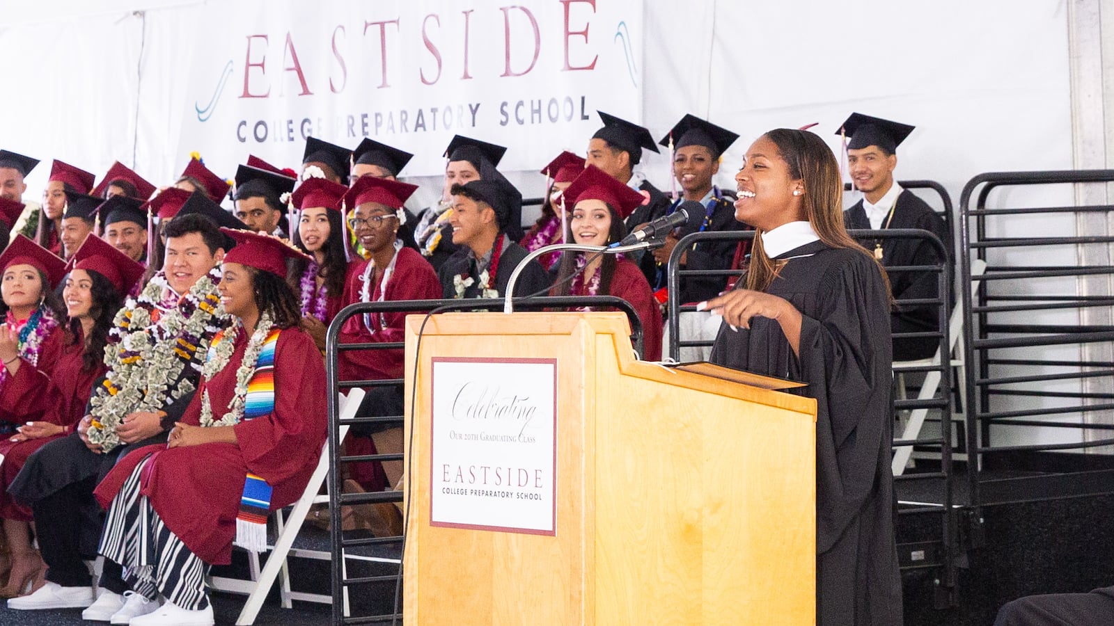 Corine Forward addresses Eastside College Preparatory's 2019 graduating class on May 31, 2019, about how to use the lessons learned in high school to thrive in college. Forward, an Eastside 2015 graduate, credits the school's mentoring program for enabling her to head to Columbia University law school in the fall.
