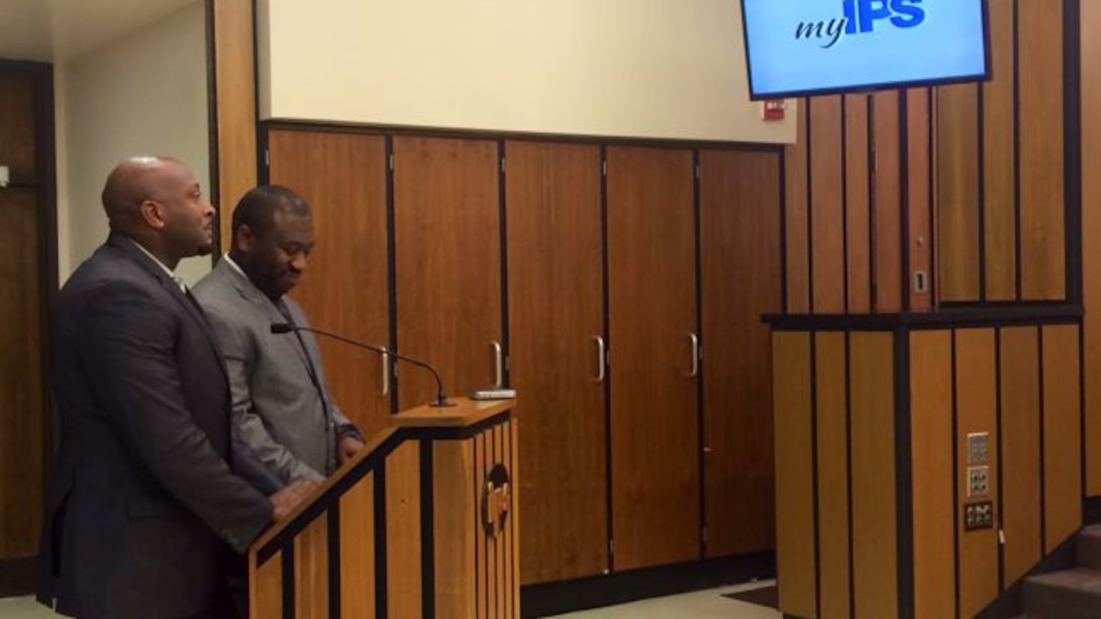 Earl Martin Phalen and Marlon Llewellyn of Phalen Leadership Academy present their idea to IPS school board members to open an autonomous school within the district.