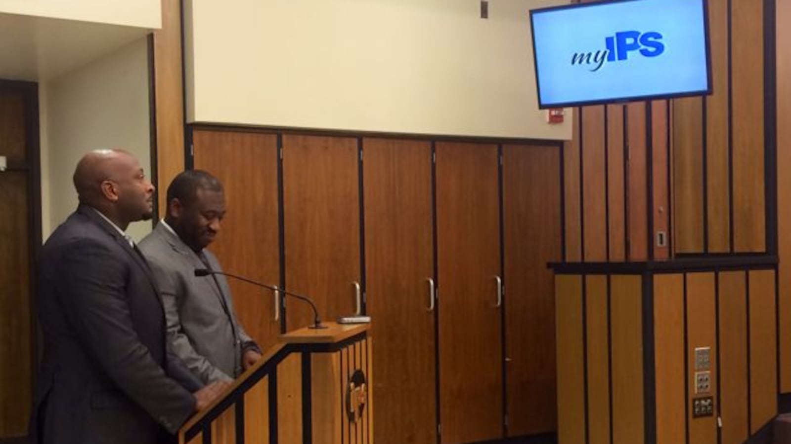 Earl Martin Phalen and Marlon Llewellyn of Phalen Leadership Academy present their idea to IPS school board members to open an autonomous school within the district.