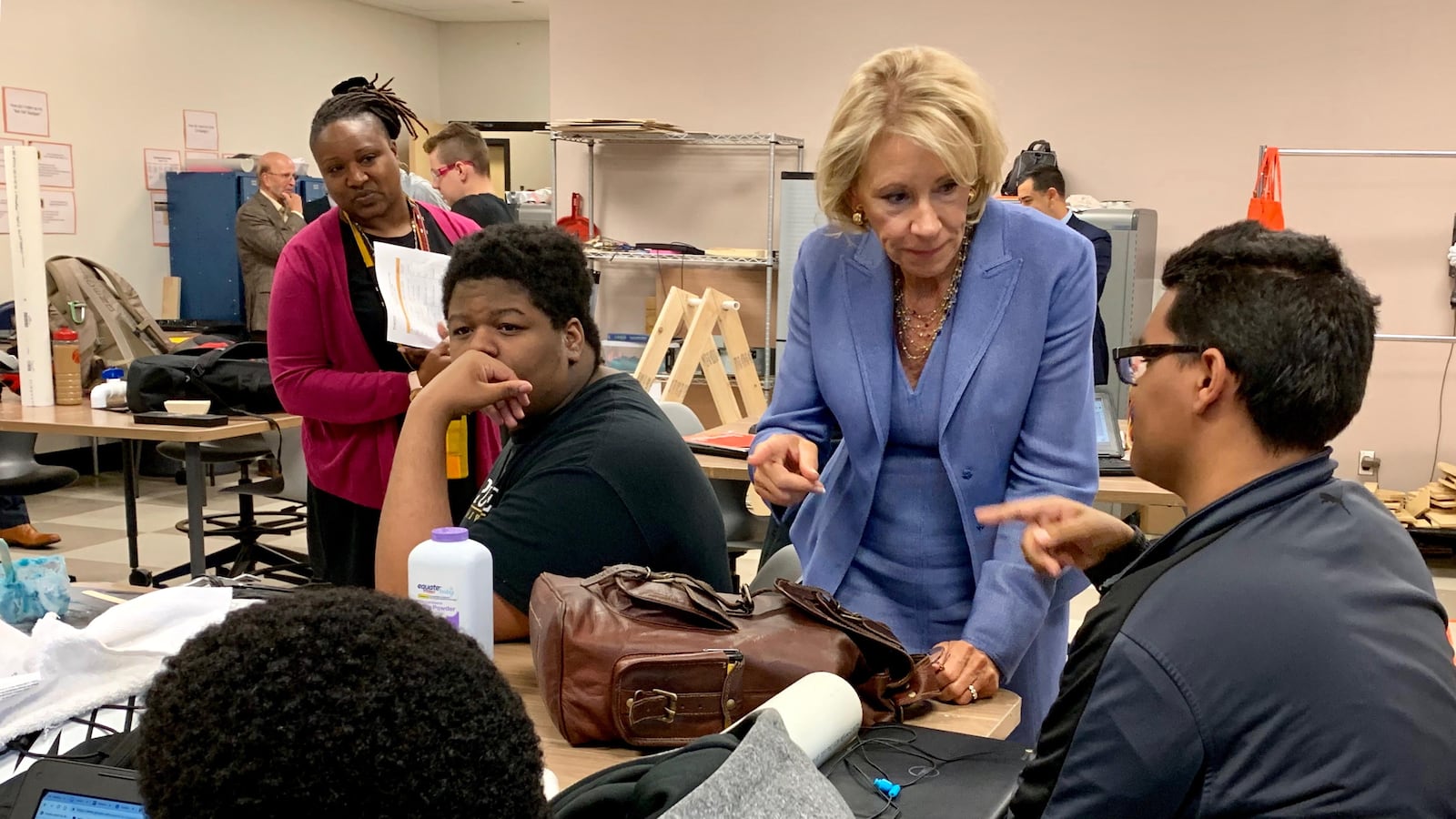 U.S. Secretary of Education Betsy DeVos talks to students at Purdue Polytechnic High School in Indianapolis on Sept. 17, 2019.