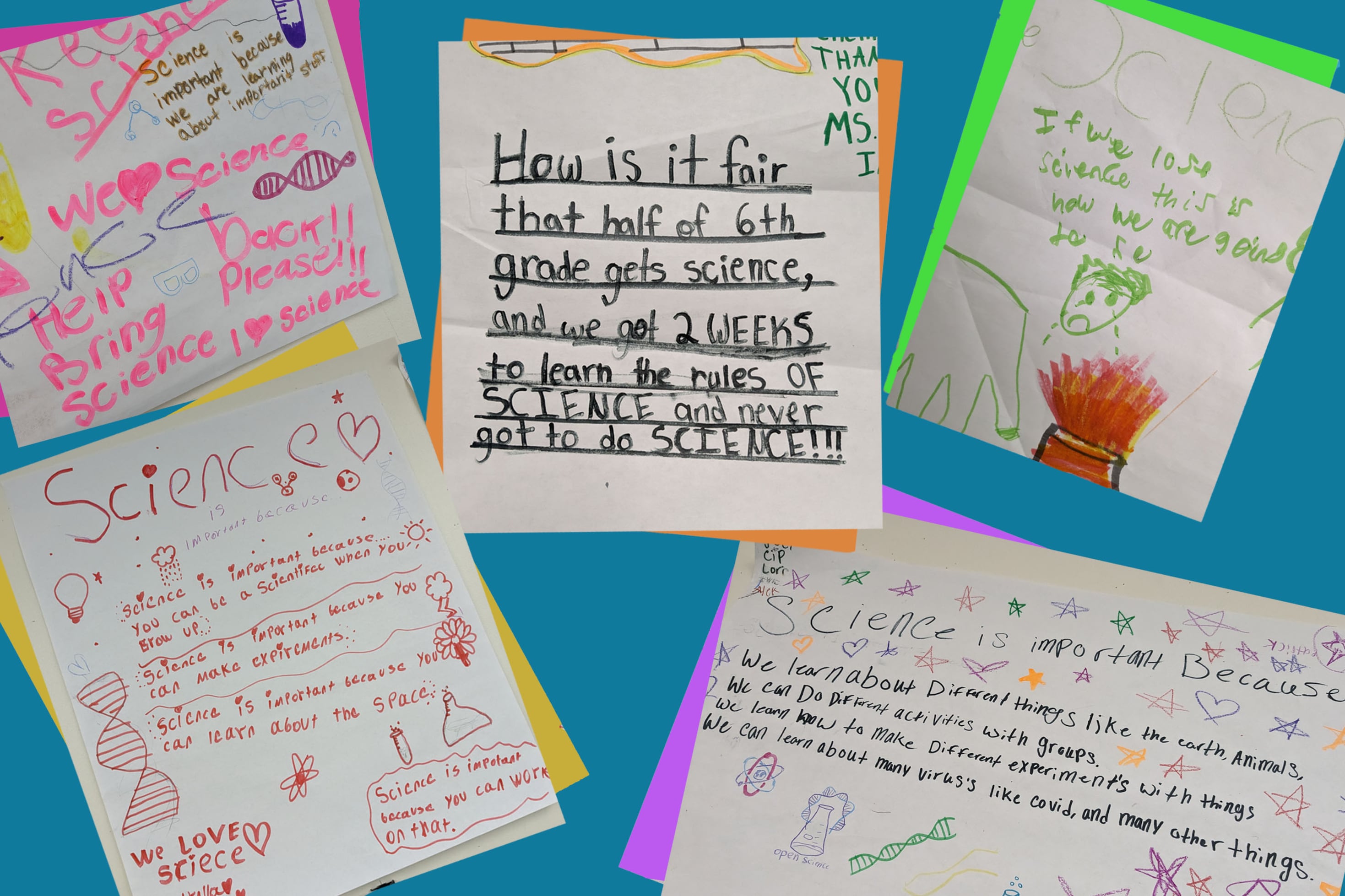 A blue background with five white posters with handwriting and drawings. Each poster has a different colorful shadow. The posters were made by middle schools students.