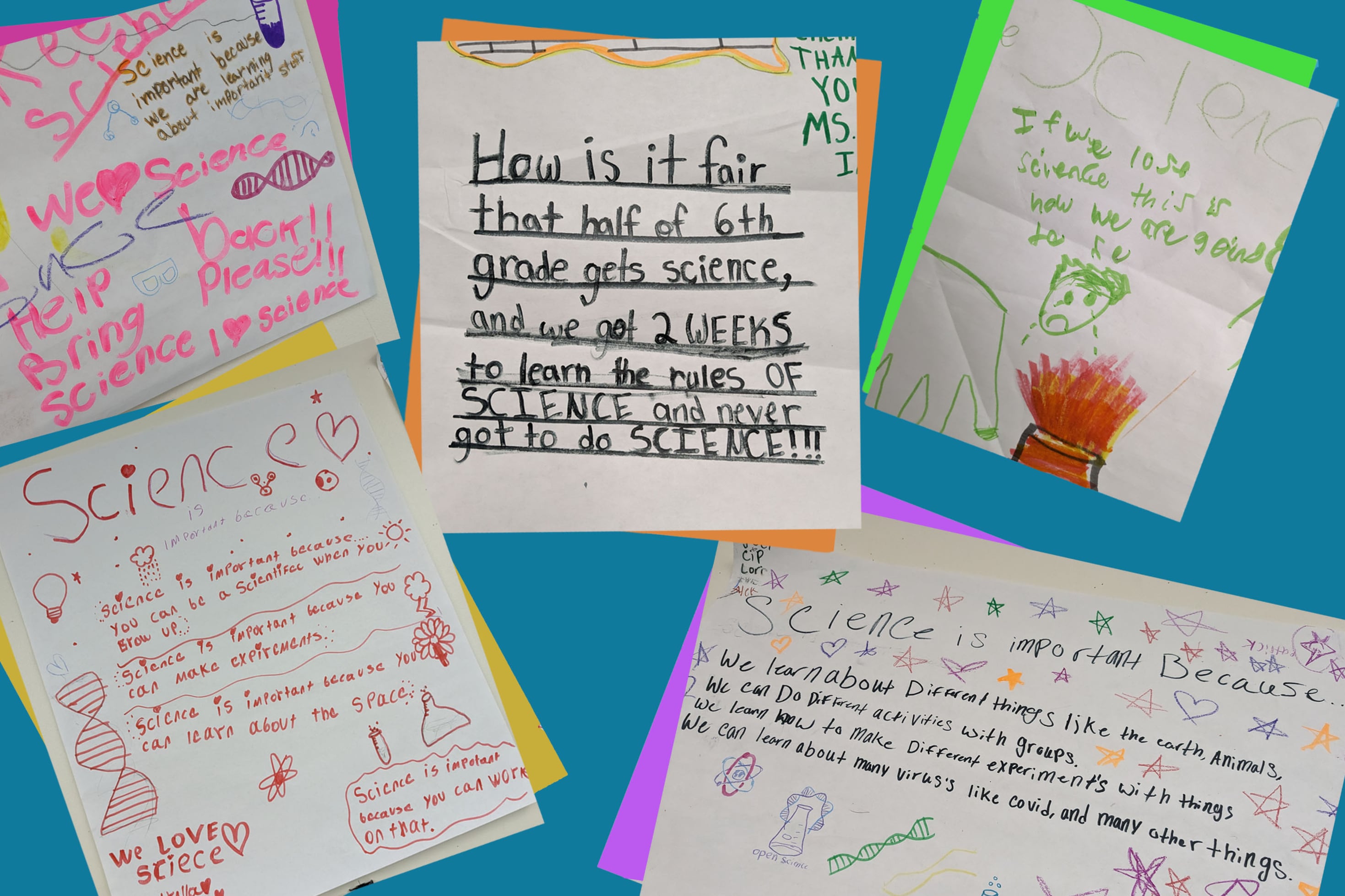 A blue background with five white posters with handwriting and drawings. Each poster has a different colorful shadow. The posters were made by middle schools students.