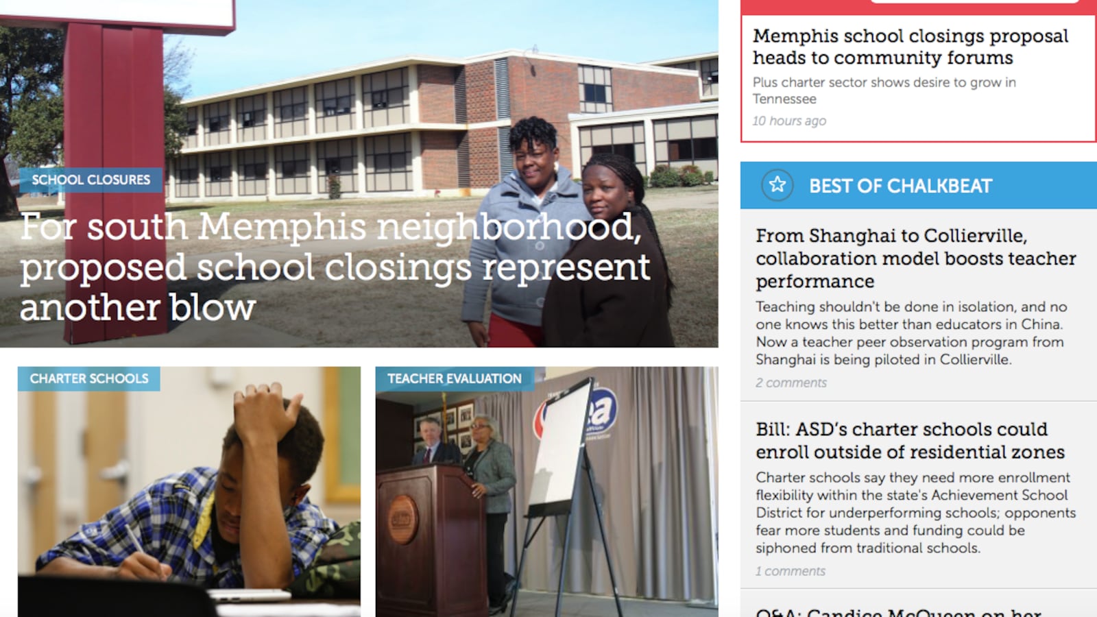 Chalkbeat Tennessee's redesigned homepage on Feb. 8 as the site is unveiled