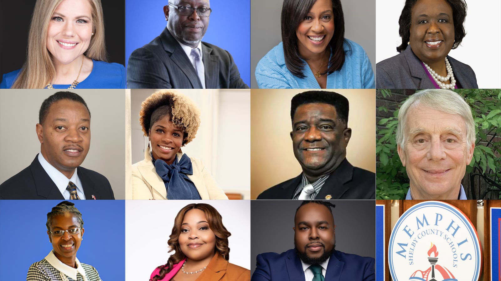 11 school board candidate headshots arranged in a grid with the Memphis-Shelby County Schools logo