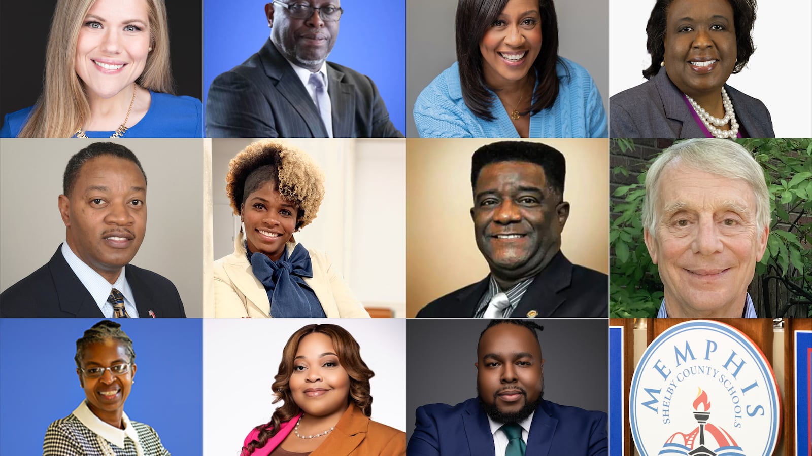 11 school board candidate headshots arranged in a grid with the Memphis-Shelby County Schools logo