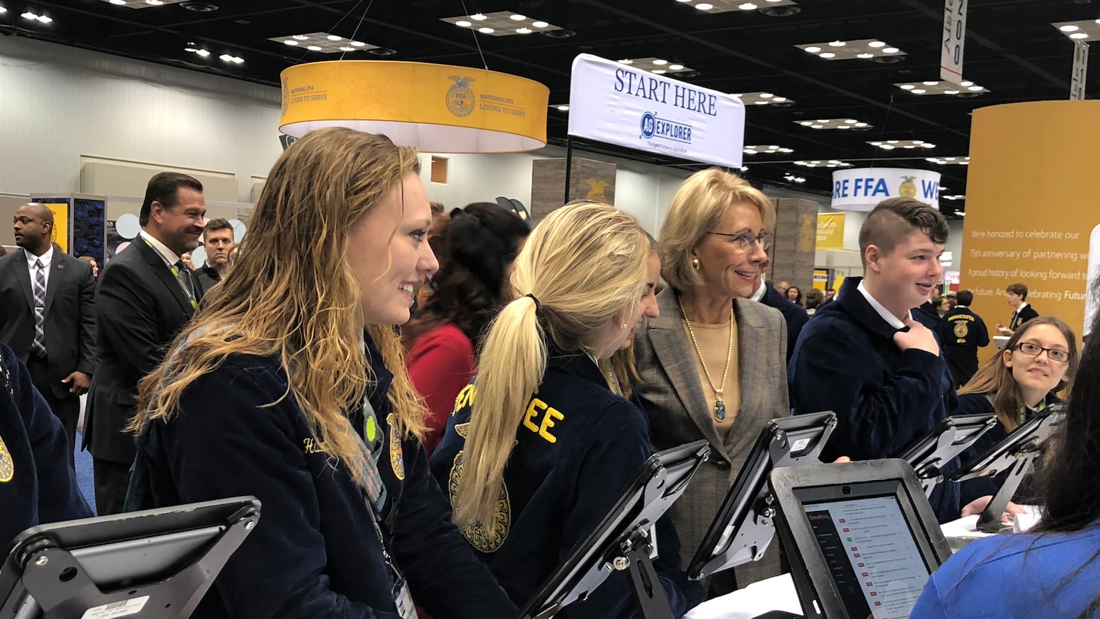 Betsy DeVos, U.S. secretary of education, tours exhibits at the annual FFA national convention in Indianapolis.