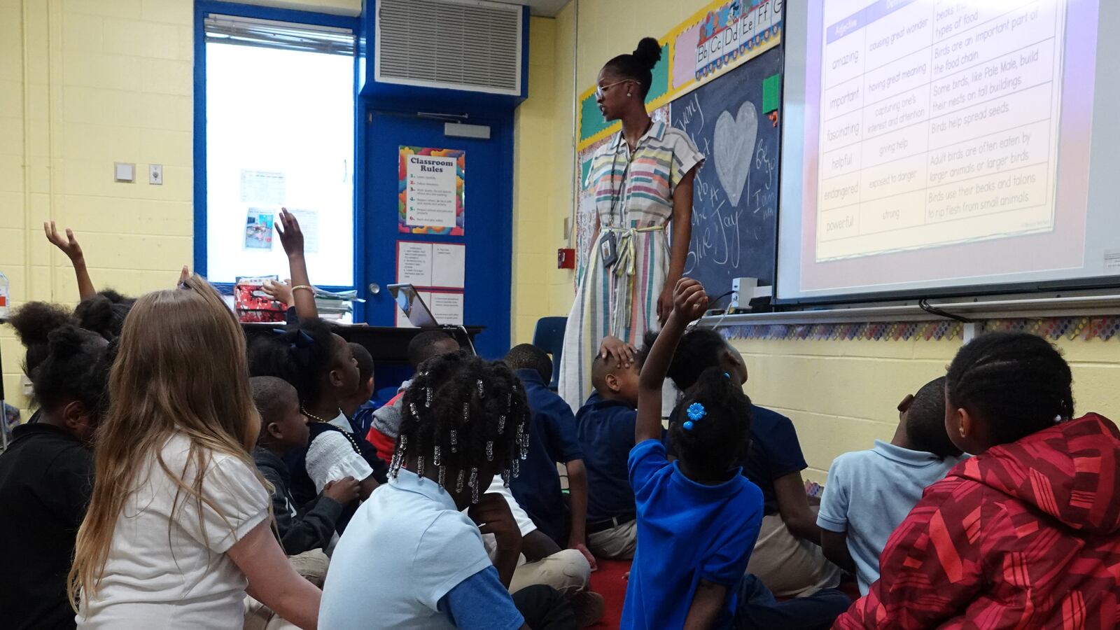 Students raise their hands in a classroom at Gardenview Elementary School in Memphis in this file photo from May 2019.