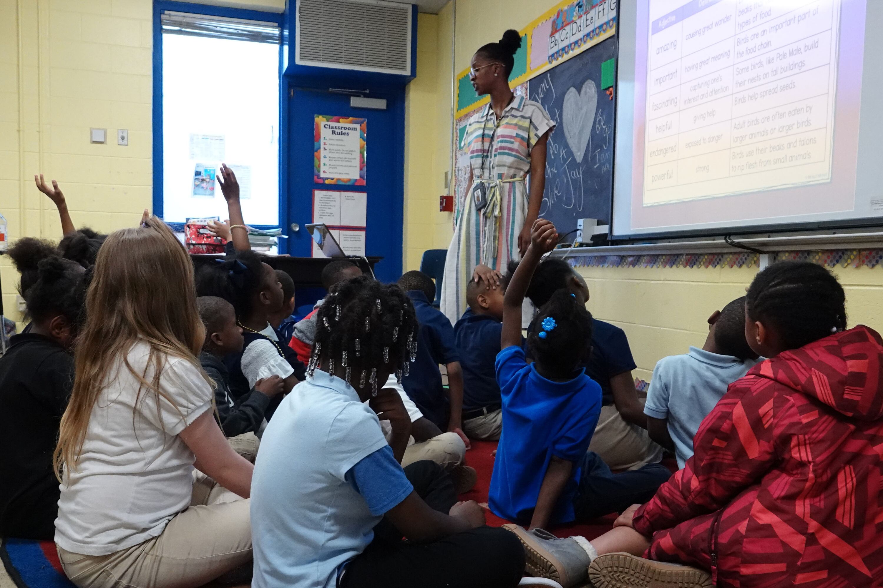 Students raise their hands in a classroom at Gardenview Elementary School in Memphis in this file photo from May 2019.