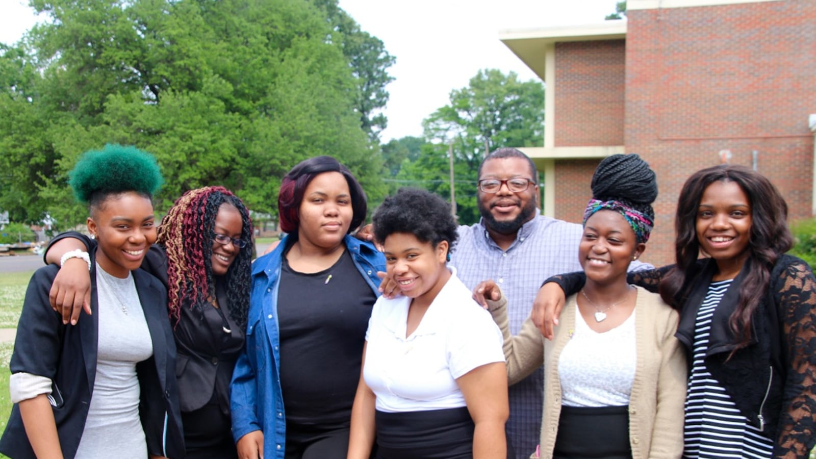 The GRAD Academy poetry team, from left to right: Olivia Randle, ShuKyra Harris, Alesha Griggs, Belle Edgeston, Timothy Moore, MarQuita Henderson, Zakyah Harris.