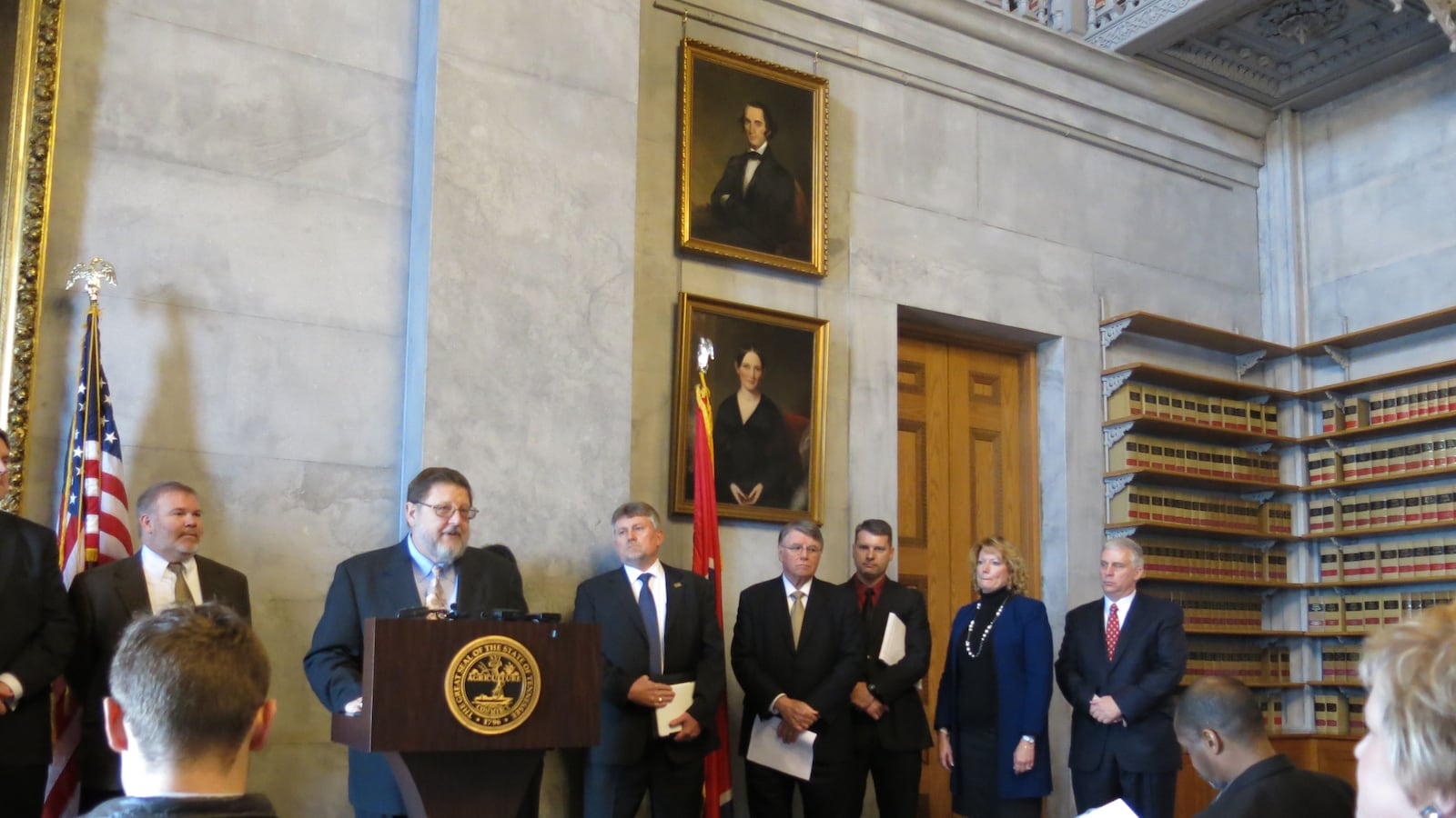 Flanked by several school district superintendents and directors, spokesman Wayne Miller addresses media at the State Capitol in January. Miller is executive director of the Tennessee Organization of School Superintendents.