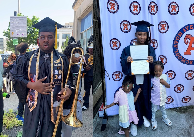 A photo collage of two photographs of a Black teenage male wearing a black cap and gown, holding a trombone. In another photo, a Black teenage female in a navy blue cap and gown is holding a diploma with two young Black children standing next to her.