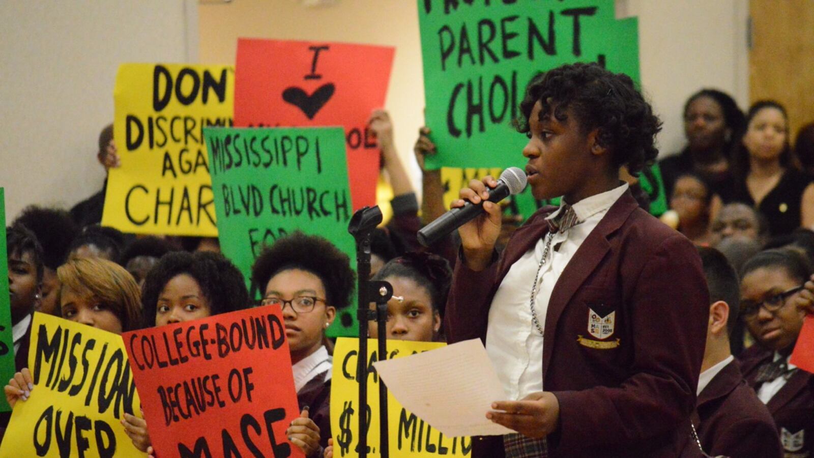 Student Jociana Gilkey speaks in behalf of Memphis Academy of Science and Engineering, a Memphis charter school proposed for closure by administrators for Shelby County Schools.