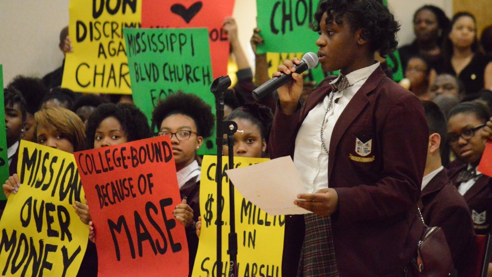 Student Jociana Gilkey speaks in behalf of Memphis Academy of Science and Engineering, a Memphis charter school proposed for closure by administrators for Shelby County Schools.