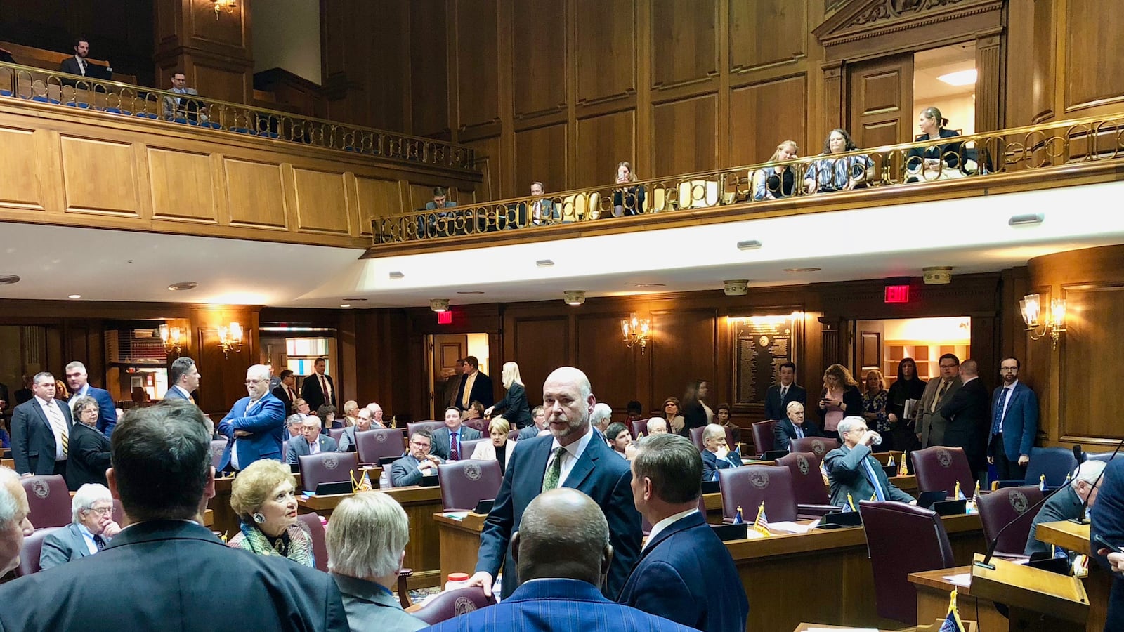 House Speaker Brian Bosma talks with Democrats shortly before the session adjourned without passing several bills.