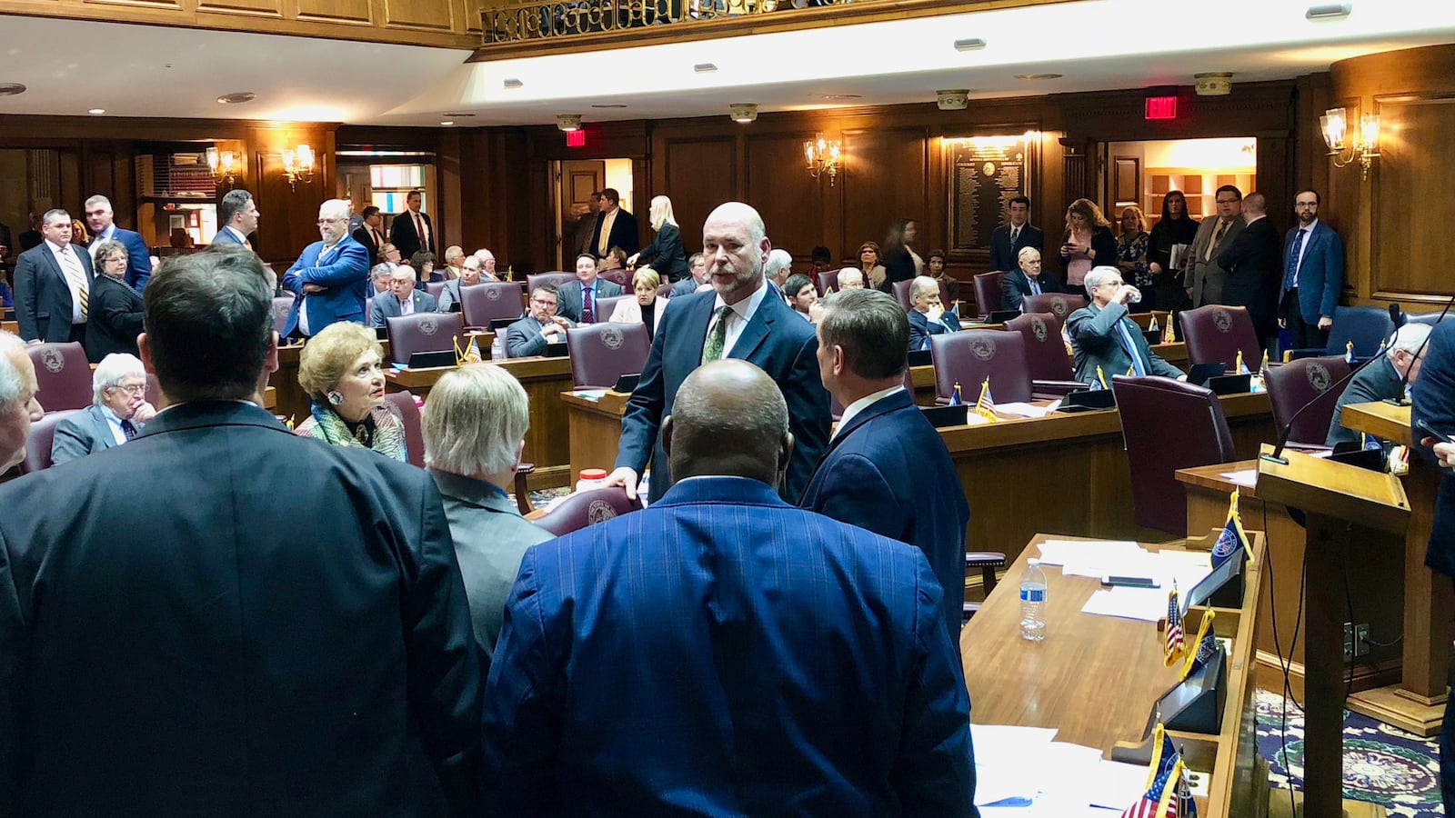 House Speaker Brian Bosma talks with Democrats shortly before the session adjourned without passing several bills.