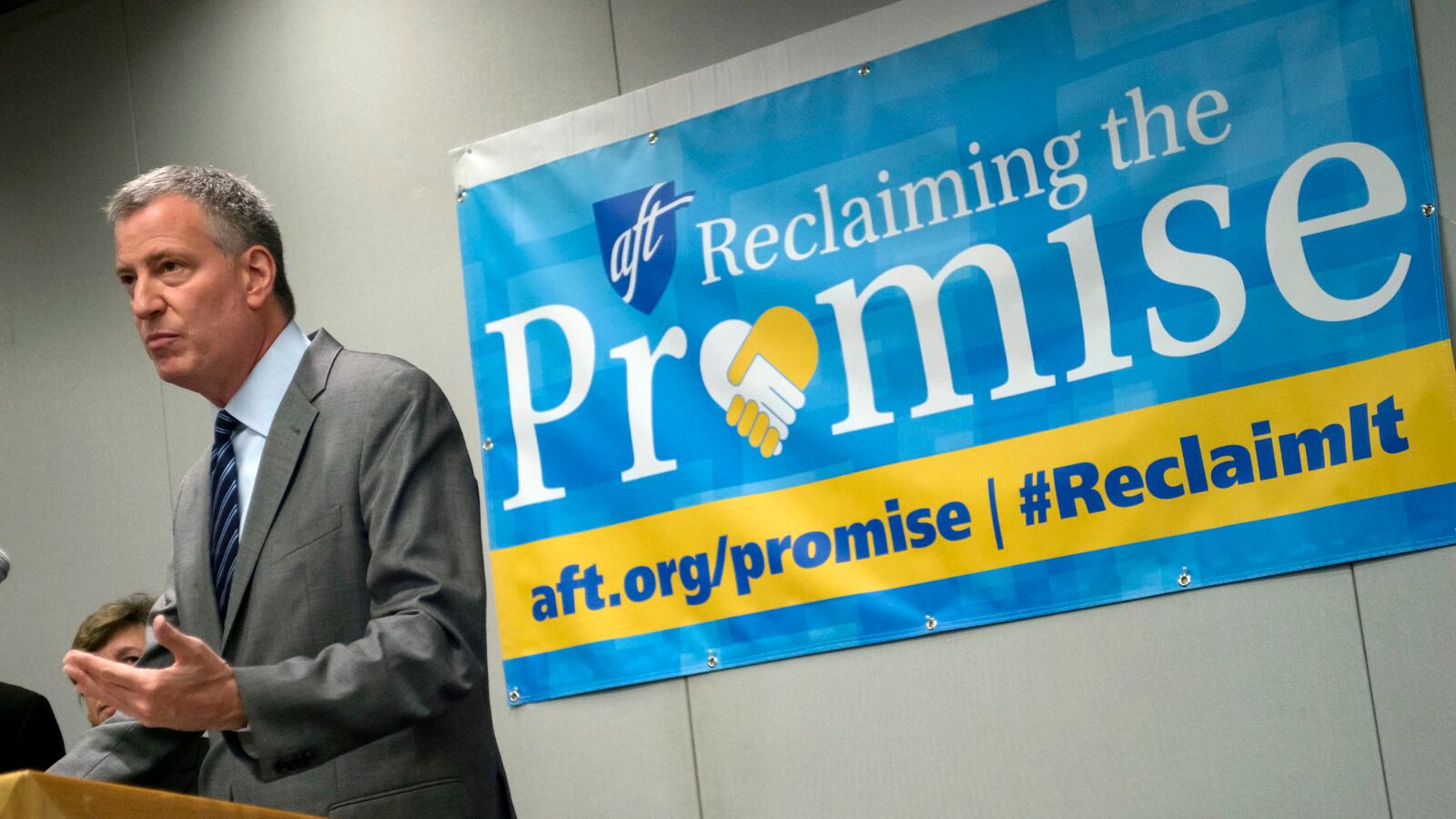 Mayor Bill de Blasio at an event hosted by the American Federation of Teachers and the city teachers union.  (Ed Reed/Mayoral Photography Office)