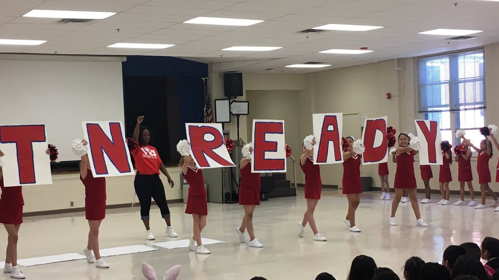 Students at Wells Station Elementary School in Memphis hold a pep rally before the launch of state tests in 2017.