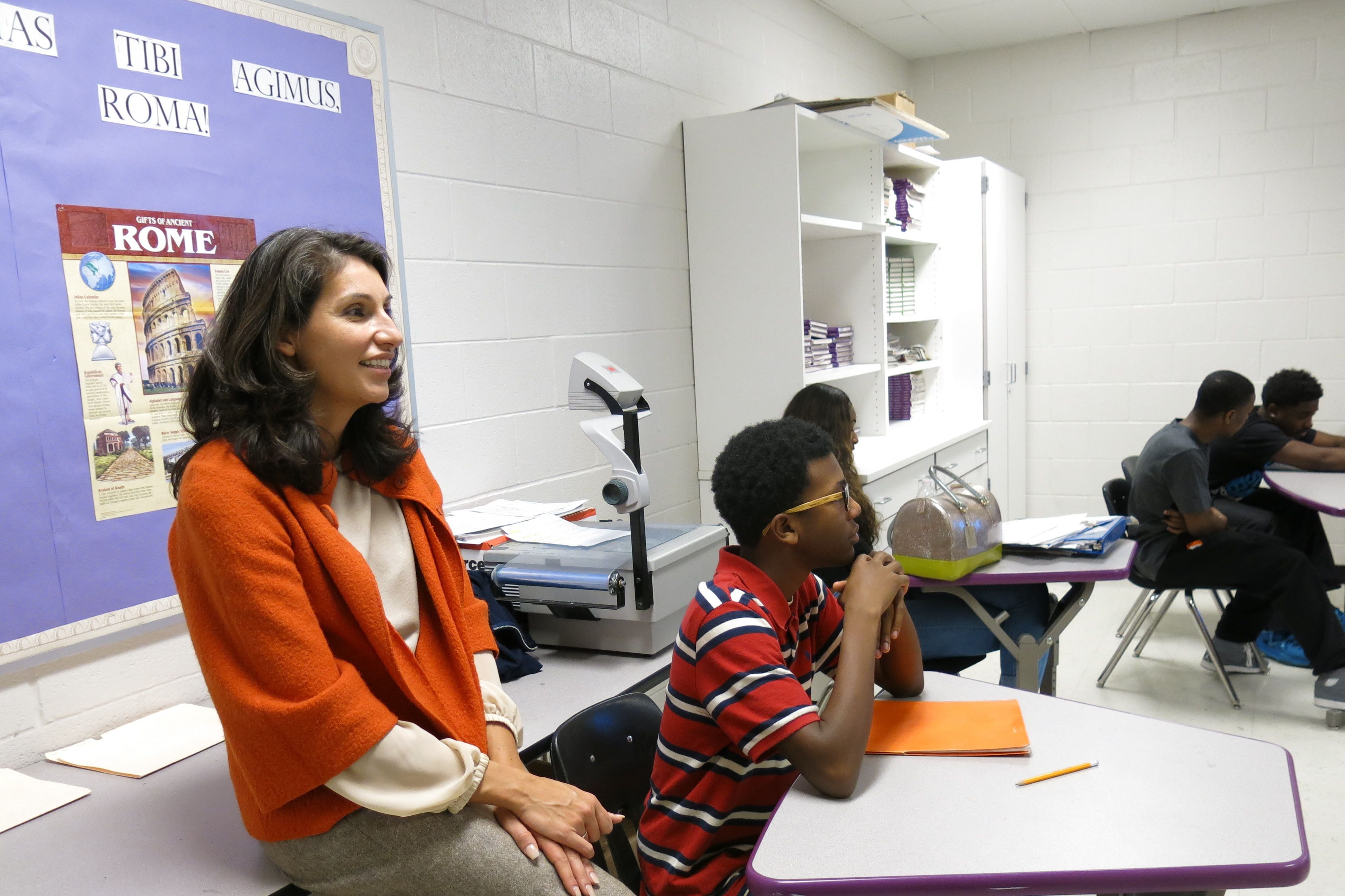 Heidi Ramirez visits a class in 2014 at Southwind High School in Memphis soon after she was named the district's chief academic officer. Ramirez announced her resignation from Shelby County Schools on Tuesday.