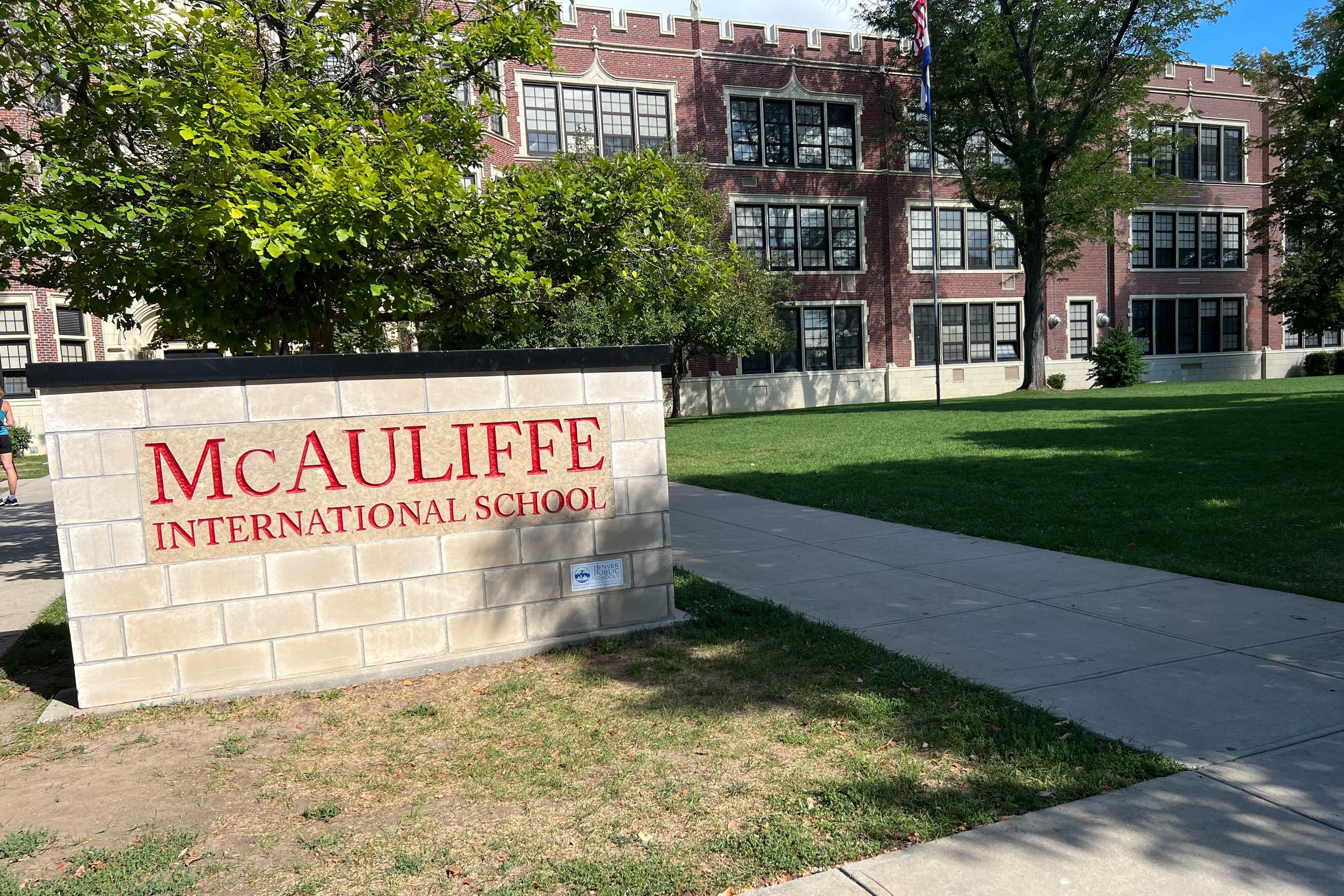 The outside of McAuliffe International School, a middle school in Denver.