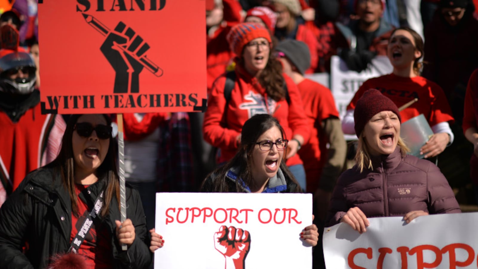 Denver teachers and the supporters rally during the second day of a strike in February 2019.