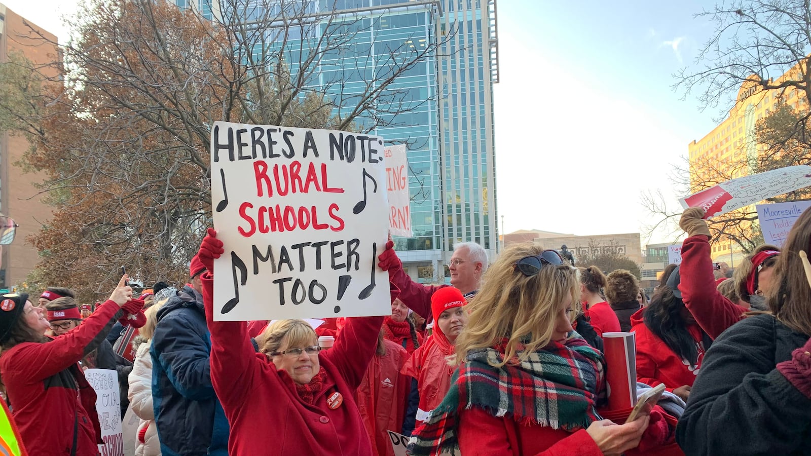 Teacher Jill Weaver stands among thousands of educators who attended the Red For Read rally at the Indiana Statehouse on Nov. 19, 2019.