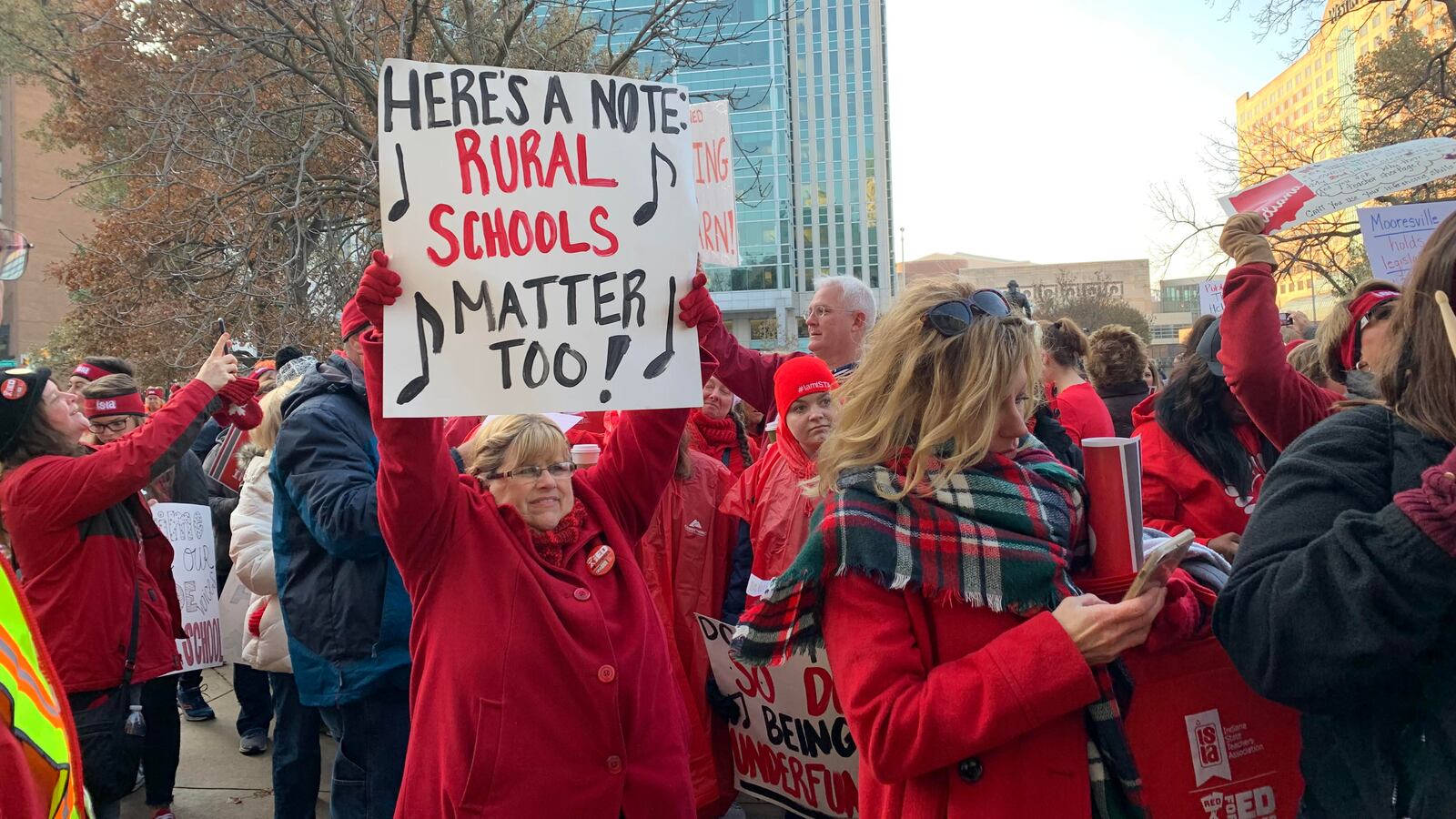 Teacher Jill Weaver stands among thousands of educators who attended the Red For Read rally at the Indiana Statehouse on Nov. 19, 2019.