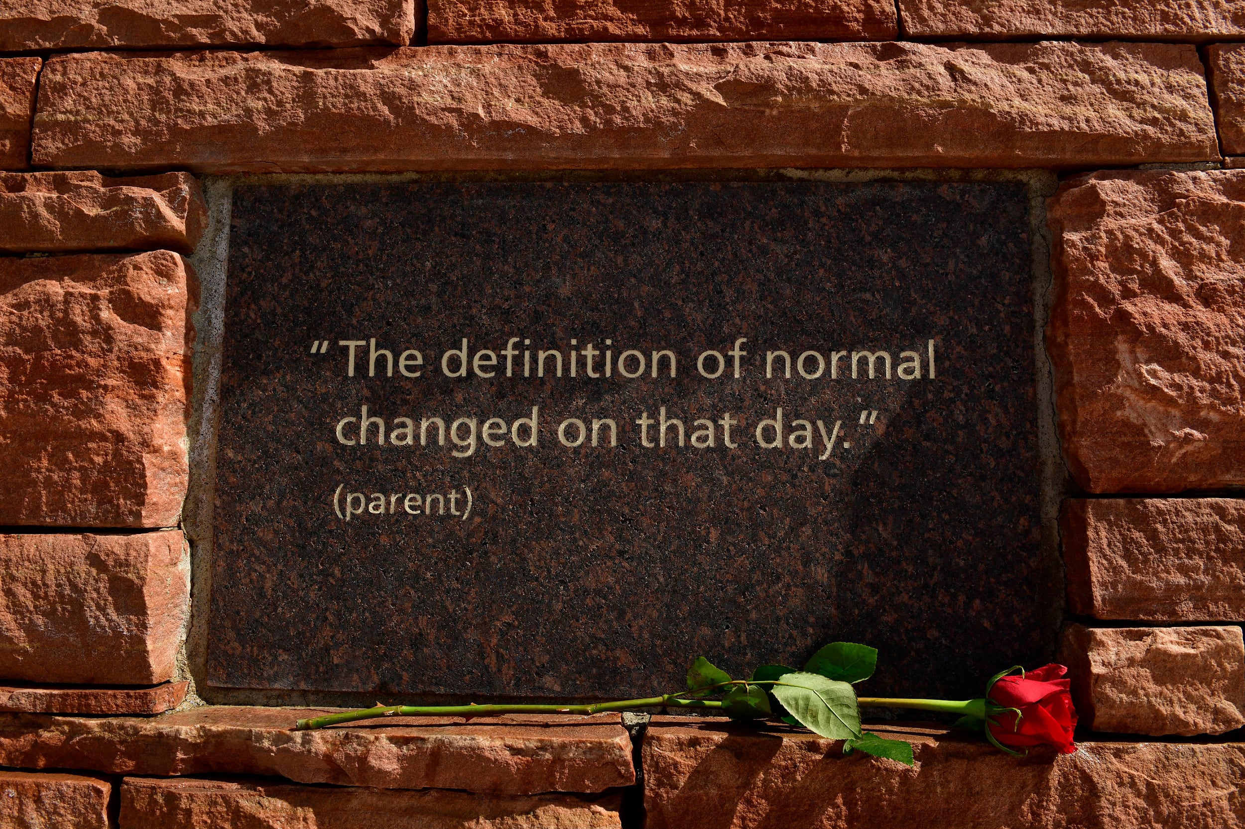 A black placard that reads "The definition of normal changed on that day. (parent)" surrounded by red stone and a single red rose placed near the bottom.