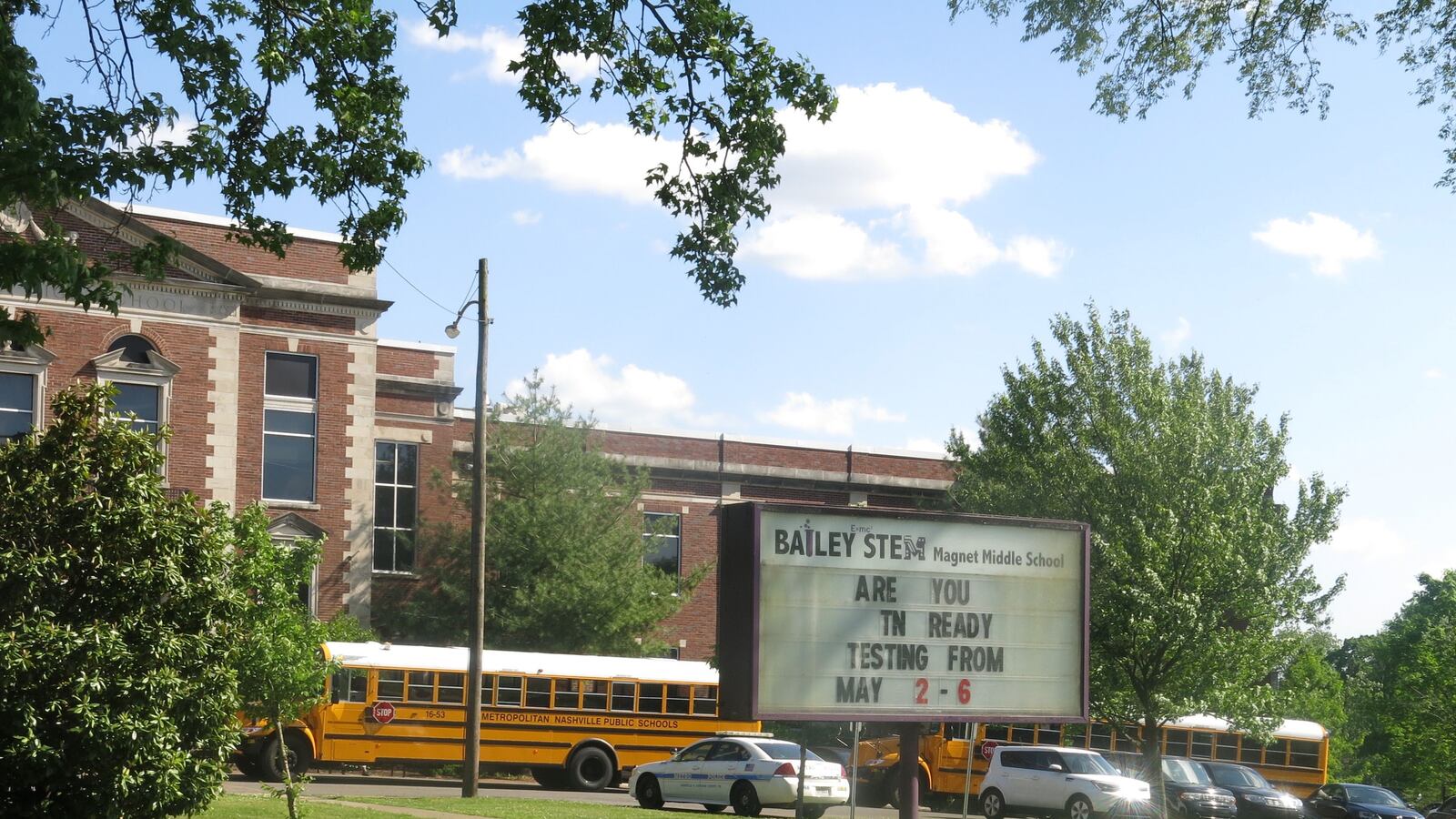 A sign outside of Bailey STEM Magnet Middle School in Nashville asks students if they are TNReady for this year's state standardized tests, called TNReady.