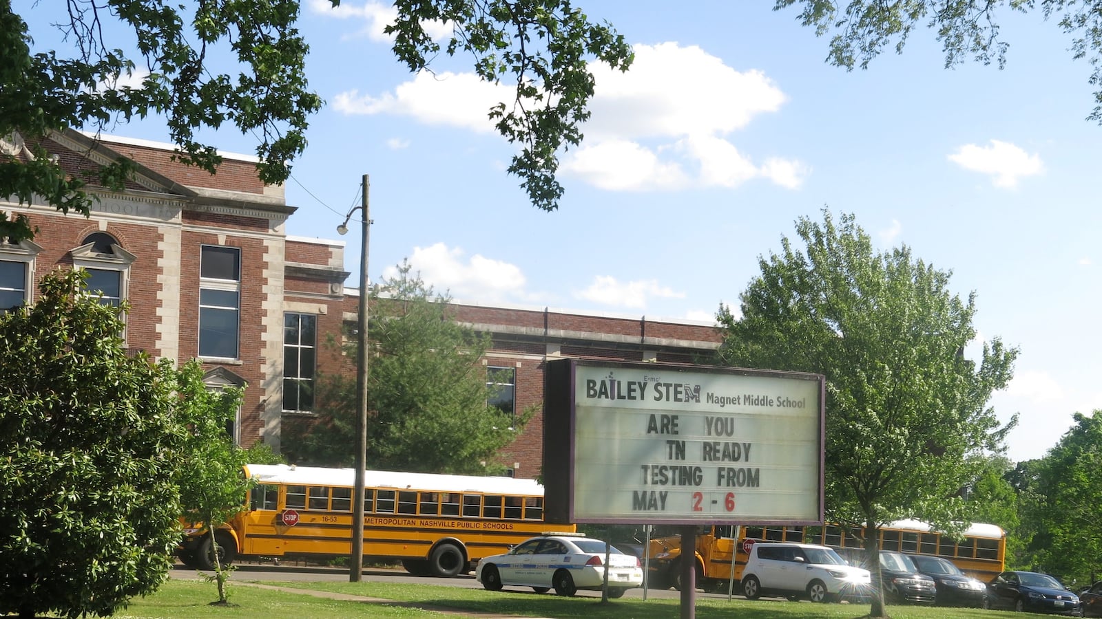 A sign outside of Bailey STEM Magnet Middle School in Nashville asks students if they are TNReady for this year's state standardized tests, called TNReady.