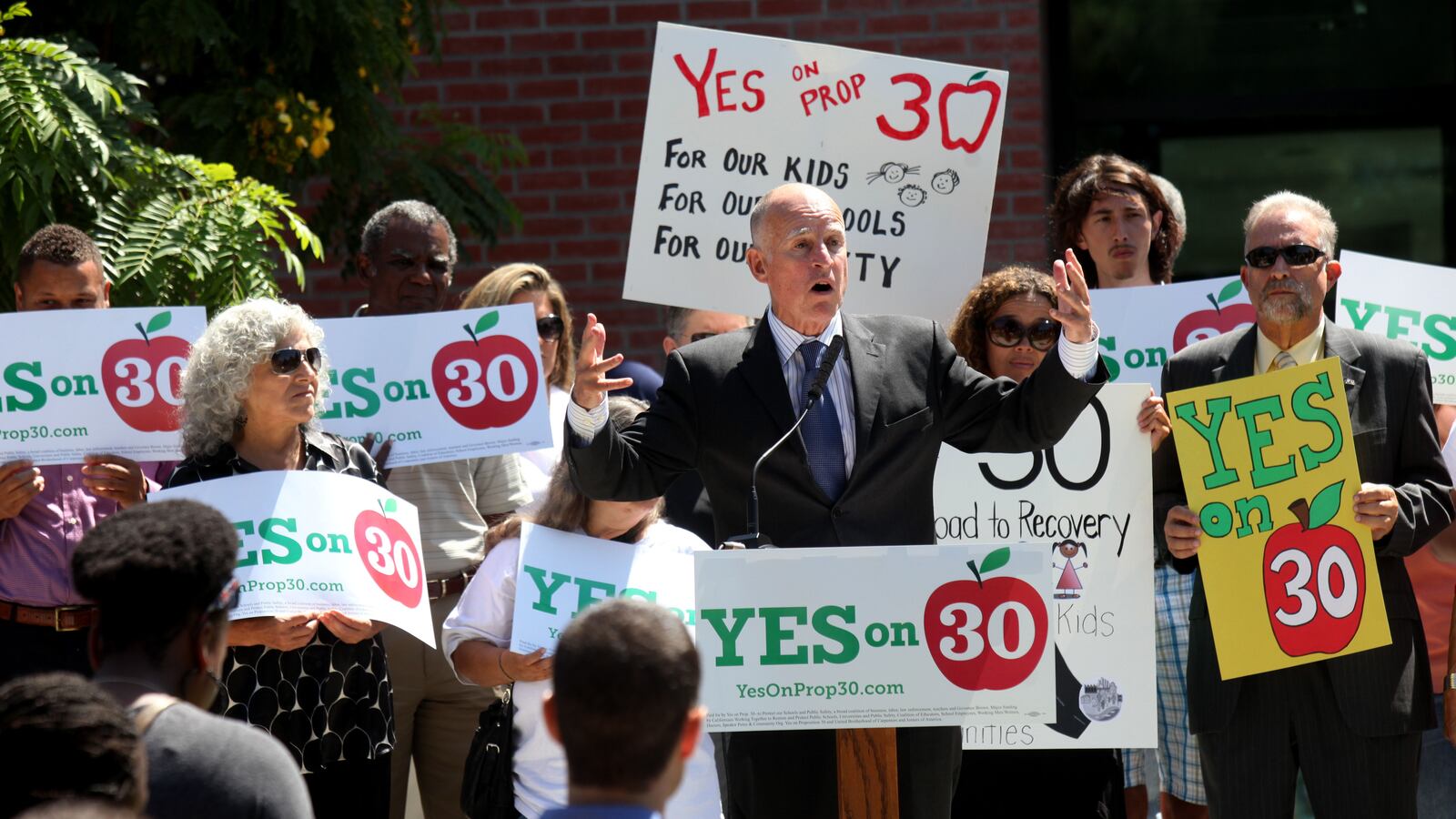 California Governor Jerry Brown advocates for increased education funding in 2012. (Photo by Sandy Huffaker/Corbis via Getty Images)