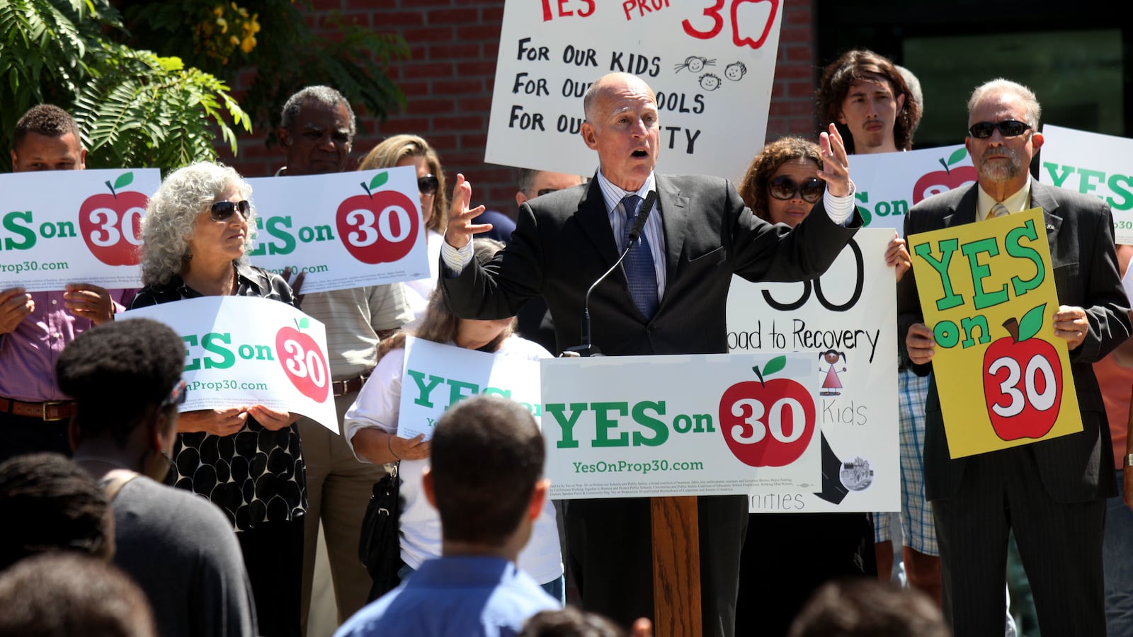 California Governor Jerry Brown advocates for increased education funding in 2012. (Photo by Sandy Huffaker/Corbis via Getty Images)