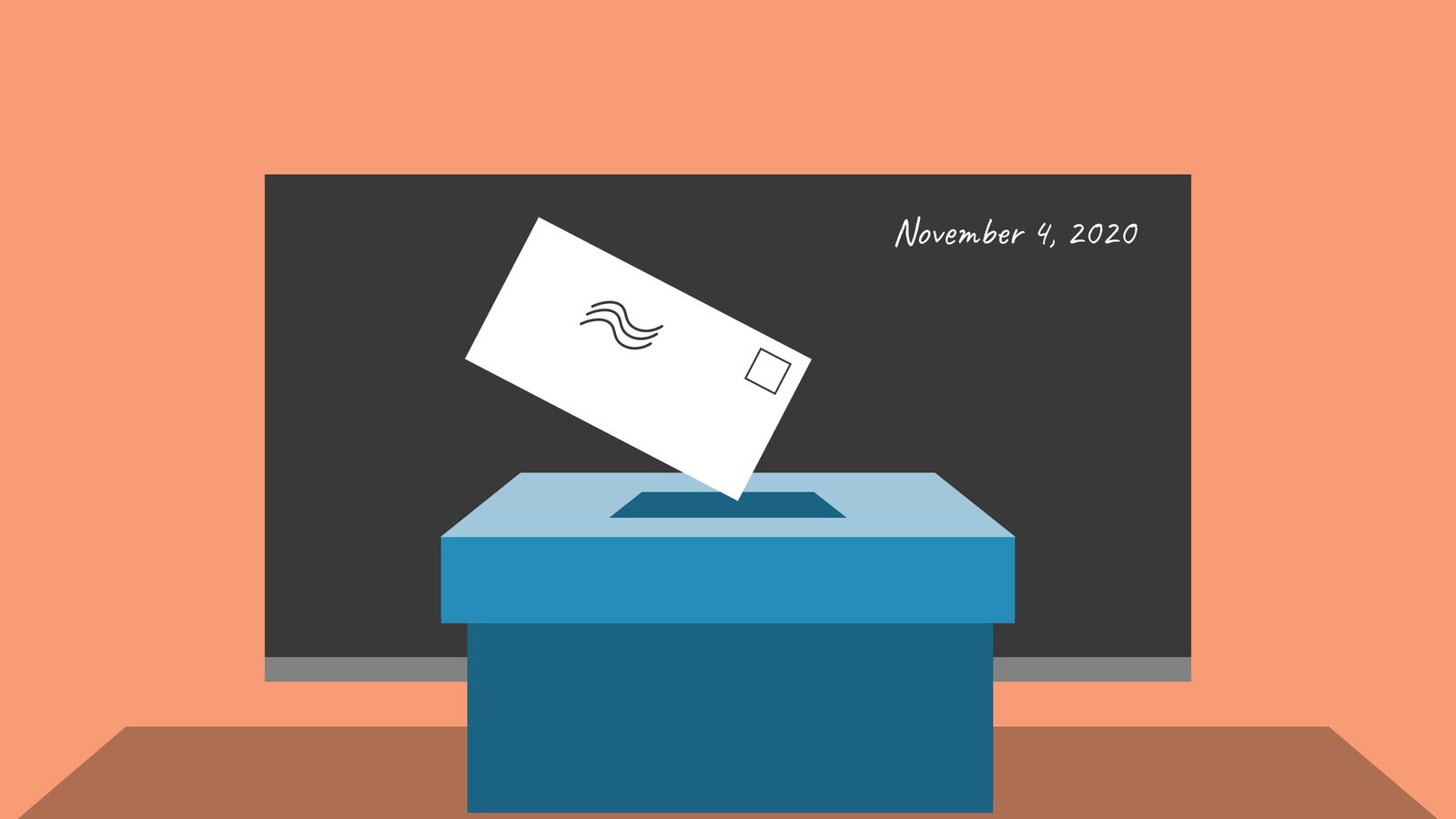 Illustration of a ballot being placed into a ballot box in front of a blackboard that reads November 4, 2020.