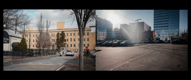 Two images against a black backdrop. Both images are of large buildings outside.