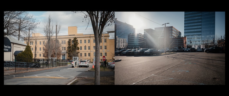 Two images against a black backdrop. Both images are of large buildings outside.