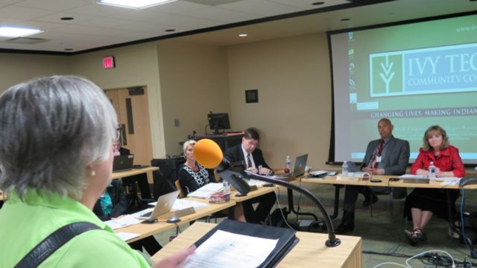 A parent speaks to the Indiana State Board of Education at its meeting today in Fort Wayne.