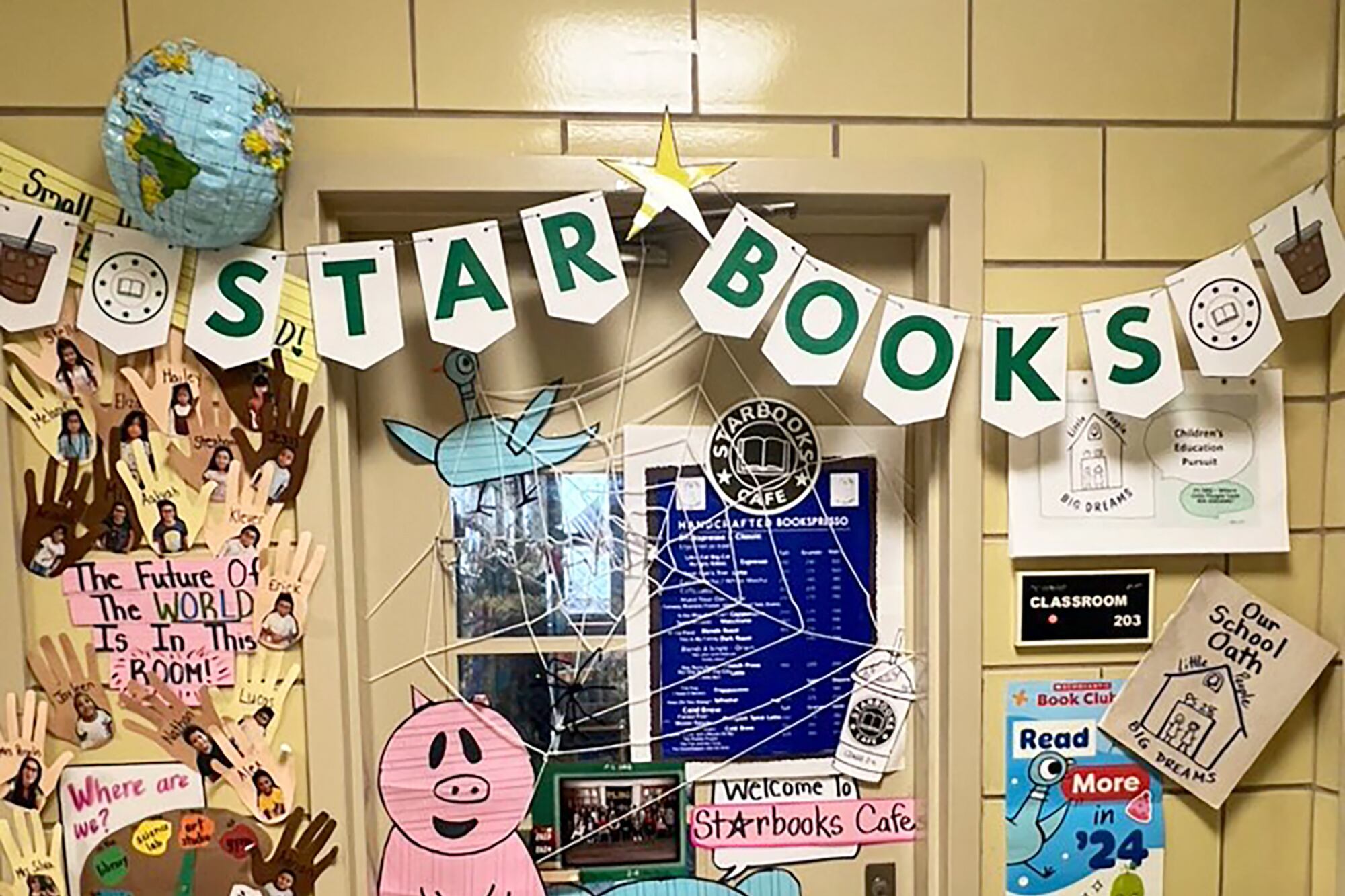 A colorfully decorated classroom door.