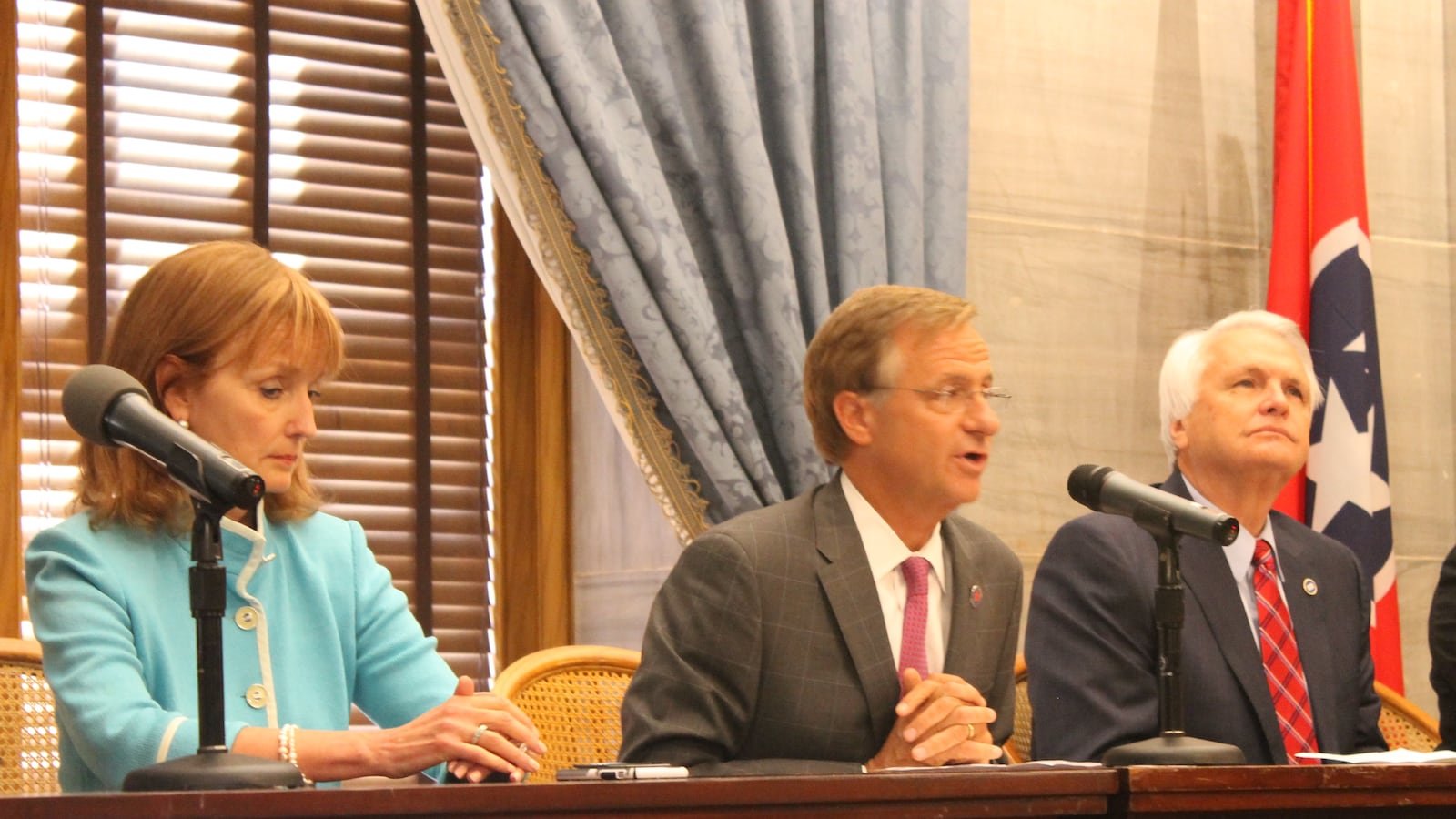 Gov. Bill Haslam, flanked by House Speaker Beth Harwell and Lt. Gov. Ron Ramsey, discuss the business of the 109th Tennessee General Assembly, which came to a close on Wednesday.