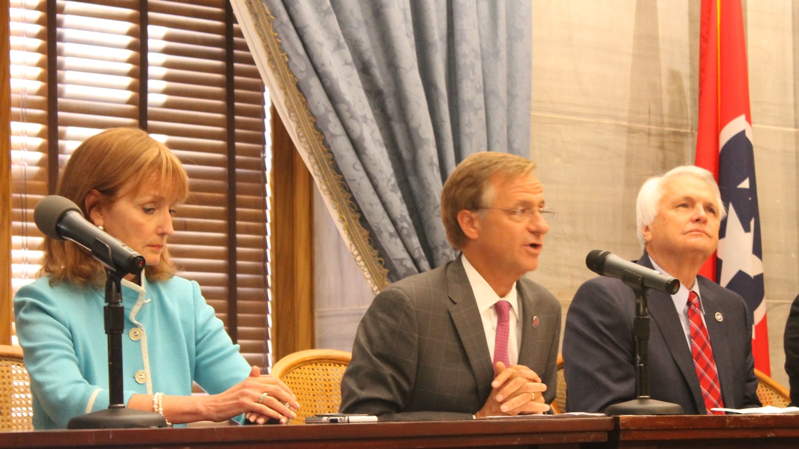 Gov. Bill Haslam, flanked by House Speaker Beth Harwell and Lt. Gov. Ron Ramsey, discuss the business of the 109th Tennessee General Assembly, which came to a close on Wednesday.