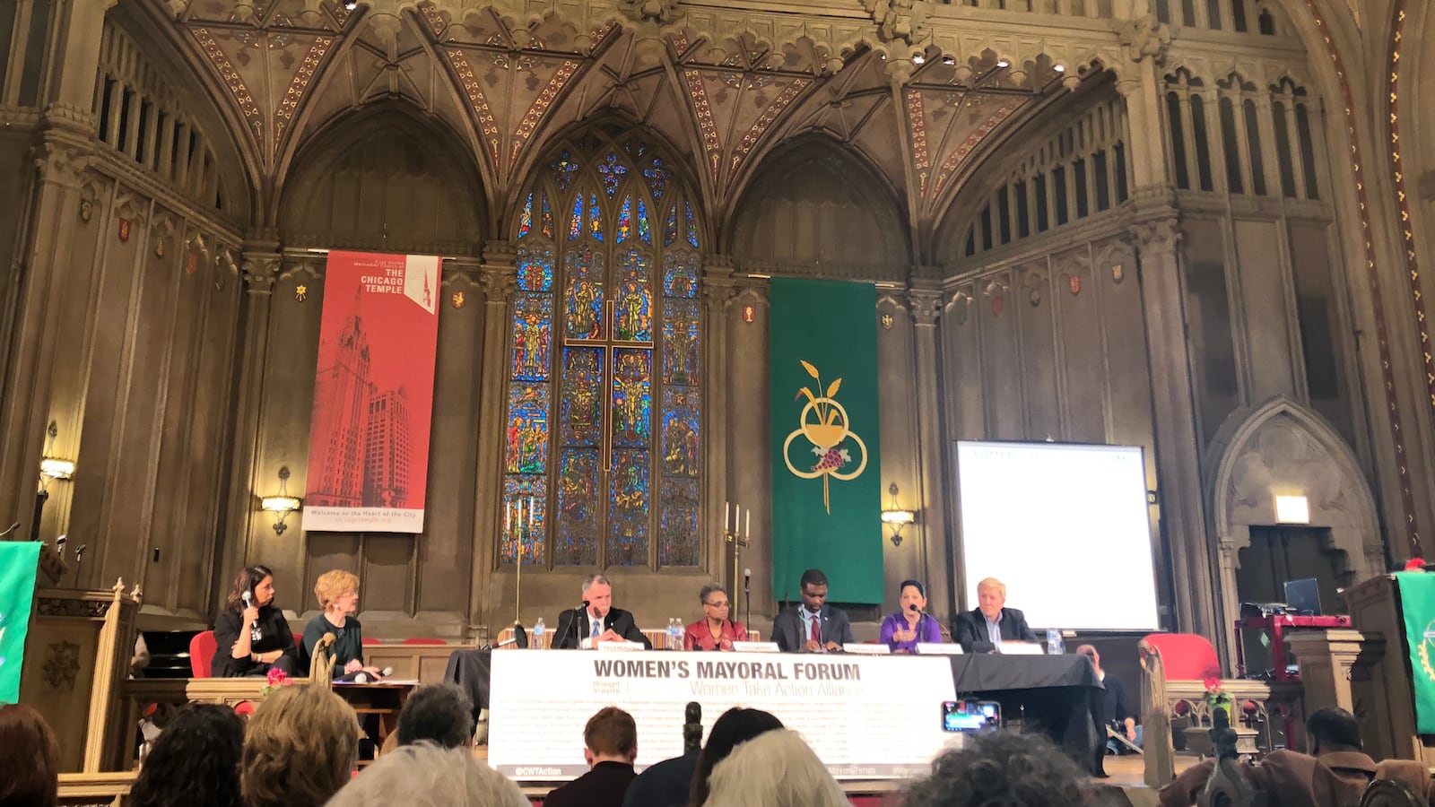 Chicago's mayoral hopefuls were split into two groups to discuss the issues presented by the Women Take Action Alliance. Pictured here, from left, are moderators Angelique Power of the Field Foundation and Julia Stasch of the MacArthur Foundation. Candidates, from left, are Garry McCarthy, Lori Lightfoot, La Shawn K. Ford, Susana Mendoza, and Bob Fioretti.
