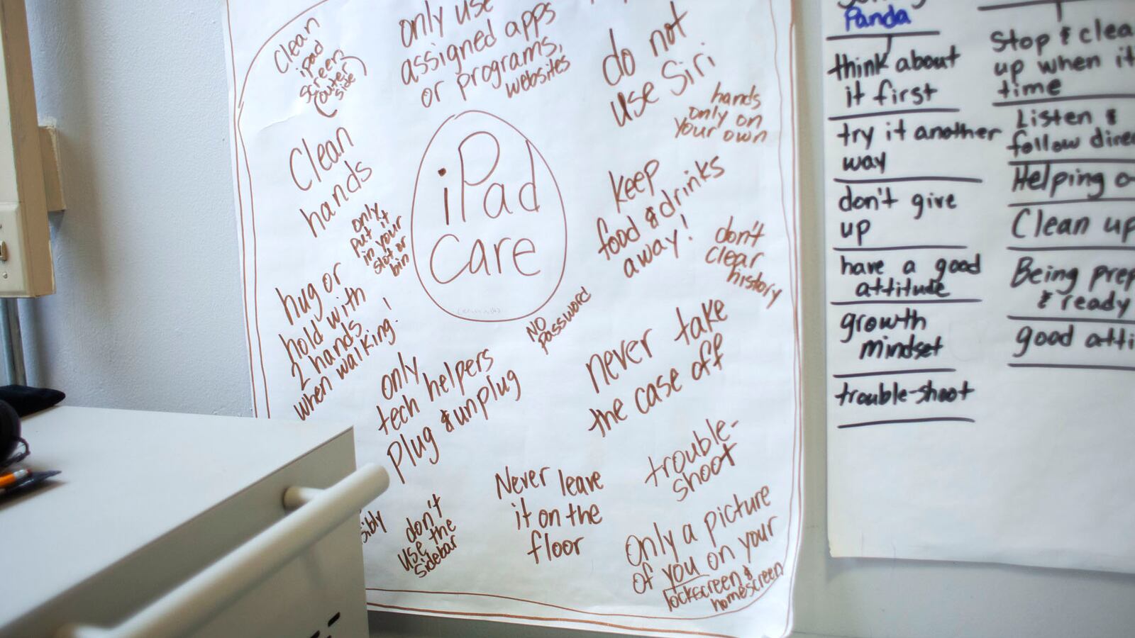 A sign on a classroom wall gives students instructions on how to care for their iPads at CICS West Belden. The Chicago charter school employs the personalized learning method for its K-8 students. The school is part of the Chicago International Charter School network, and is managed by Distinctive Schools,. Photo by Stacey Rupolo/Chalkbeat