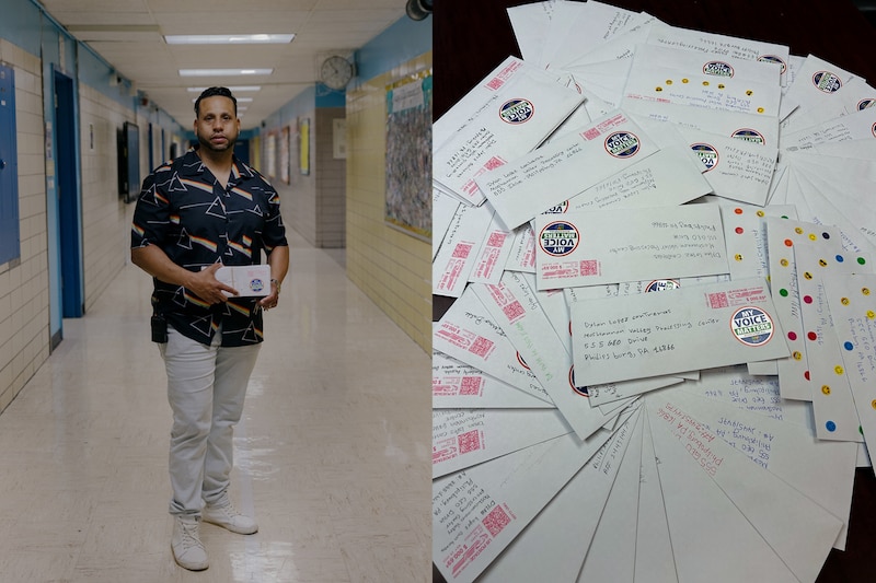 A diptych on the left, a man posing for a portrait in the middle of a school hallway and the right is a pile of letters.