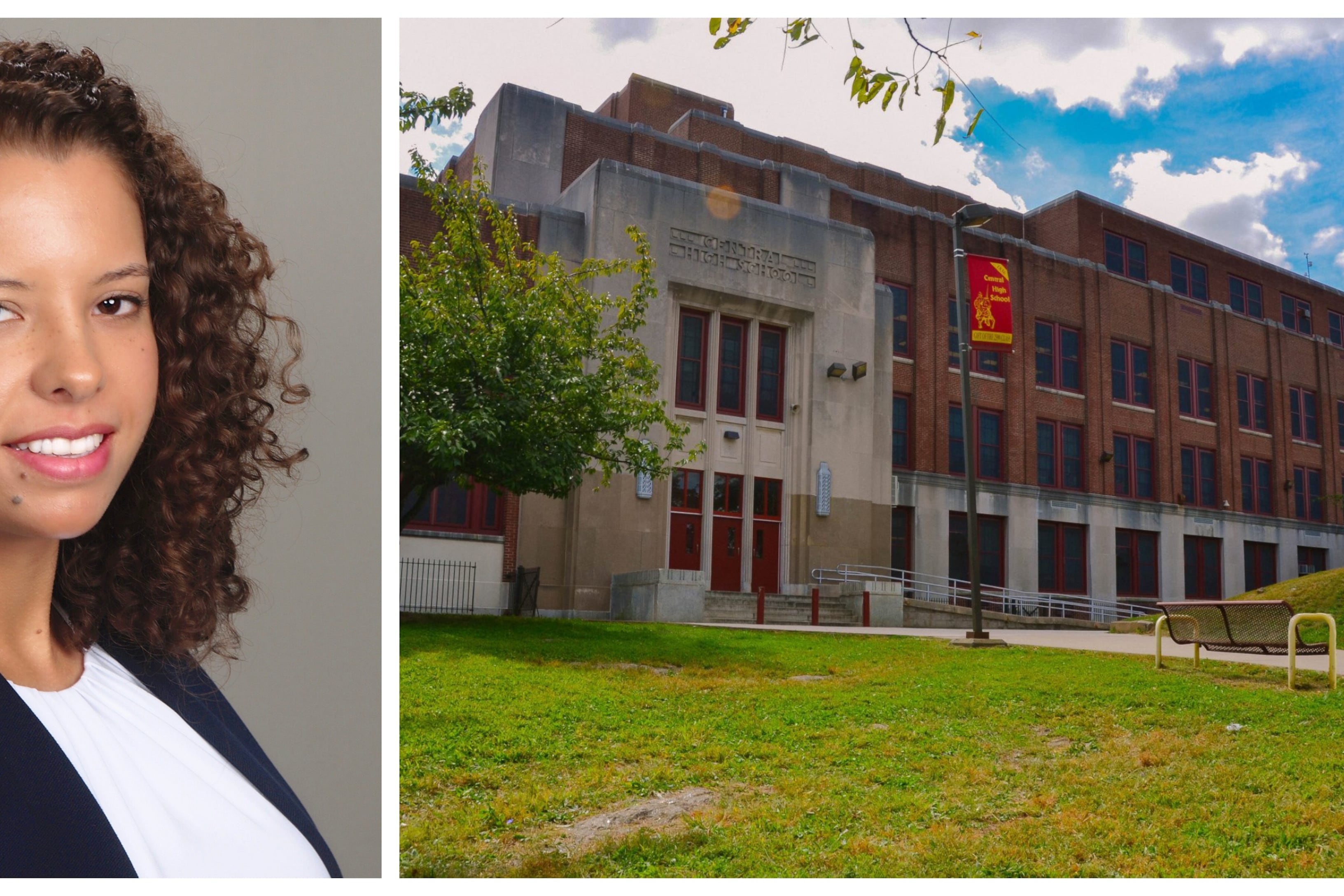 Portrait of Katherine Davis alongside a picture of the entrance to a large school building.