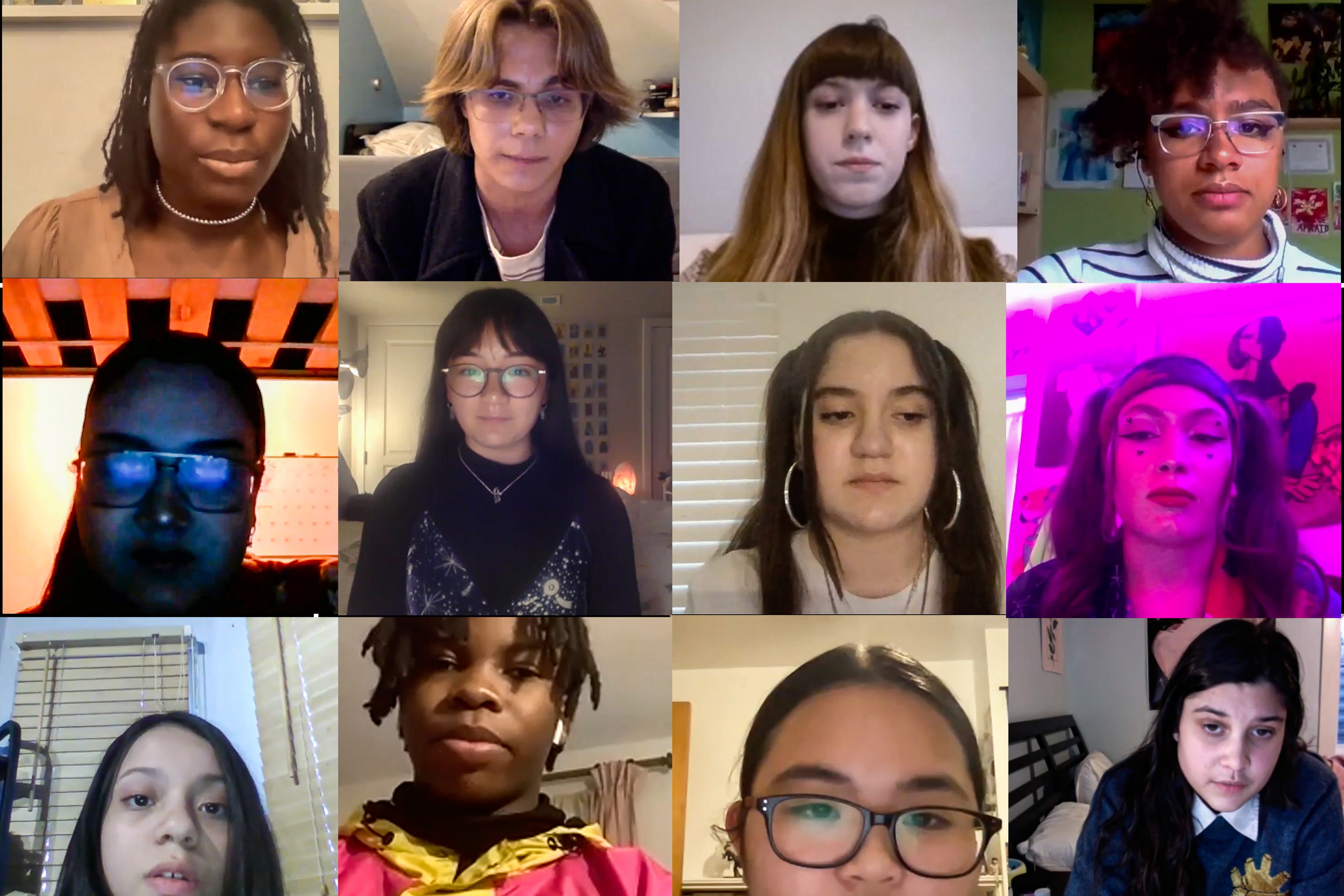 A collage of 12 screenshots from a Zoom meeting that show teenagers’ faces.