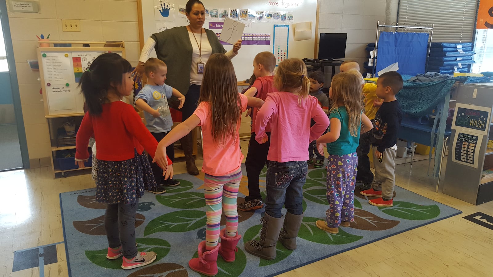 Preschoolers work on body movement exercises at Pleasant View Elementary March 6, 2017.