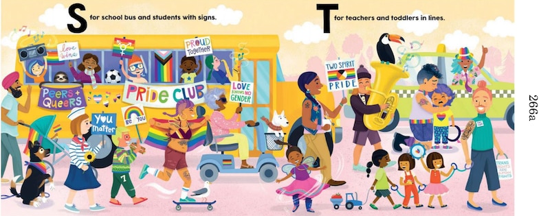 A colorful drawing of people walking in a pride parade with animals and signs and a school bus in the background and black text on the top.