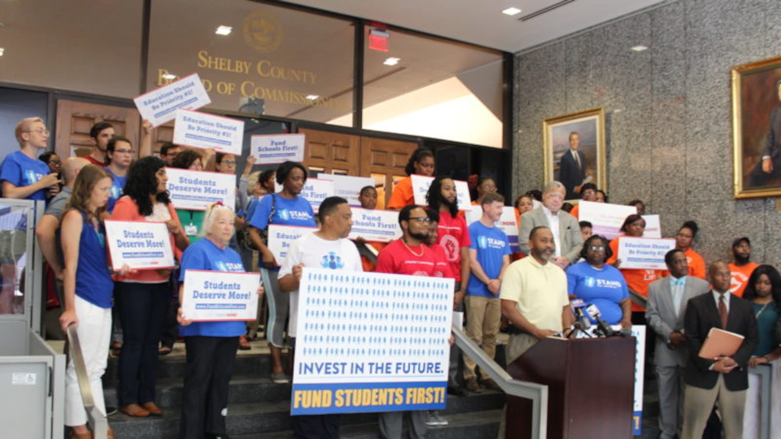 About 40 education advocates met before today's commission meeting to rally for more direct funding for student needs.
