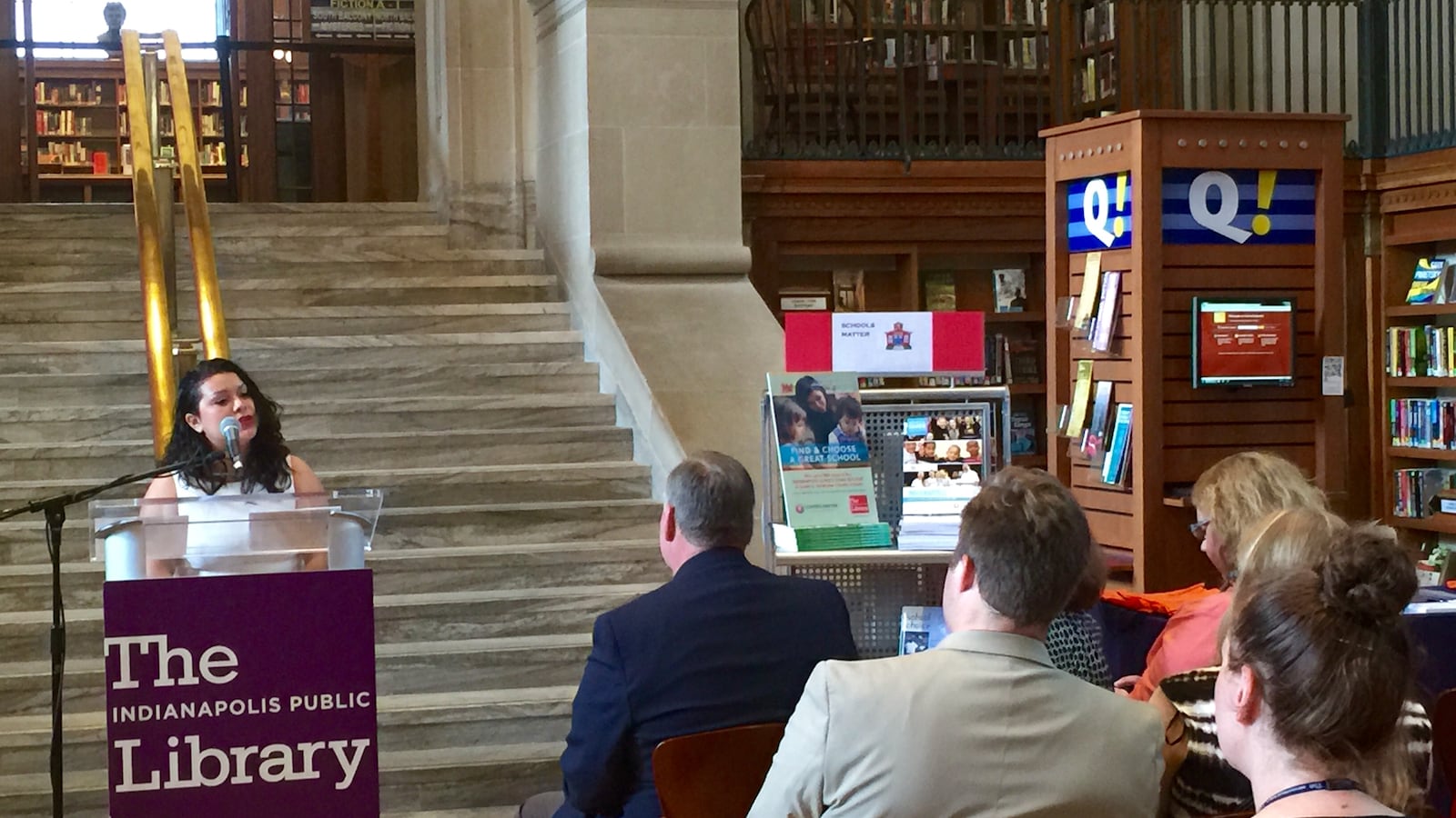 Lesvi De La Cruz speaks to a small crowd Tuesday at Central Library about how GreatSchools.org helped her find the best school for her son when she moved to Indianapolis in 2012.
