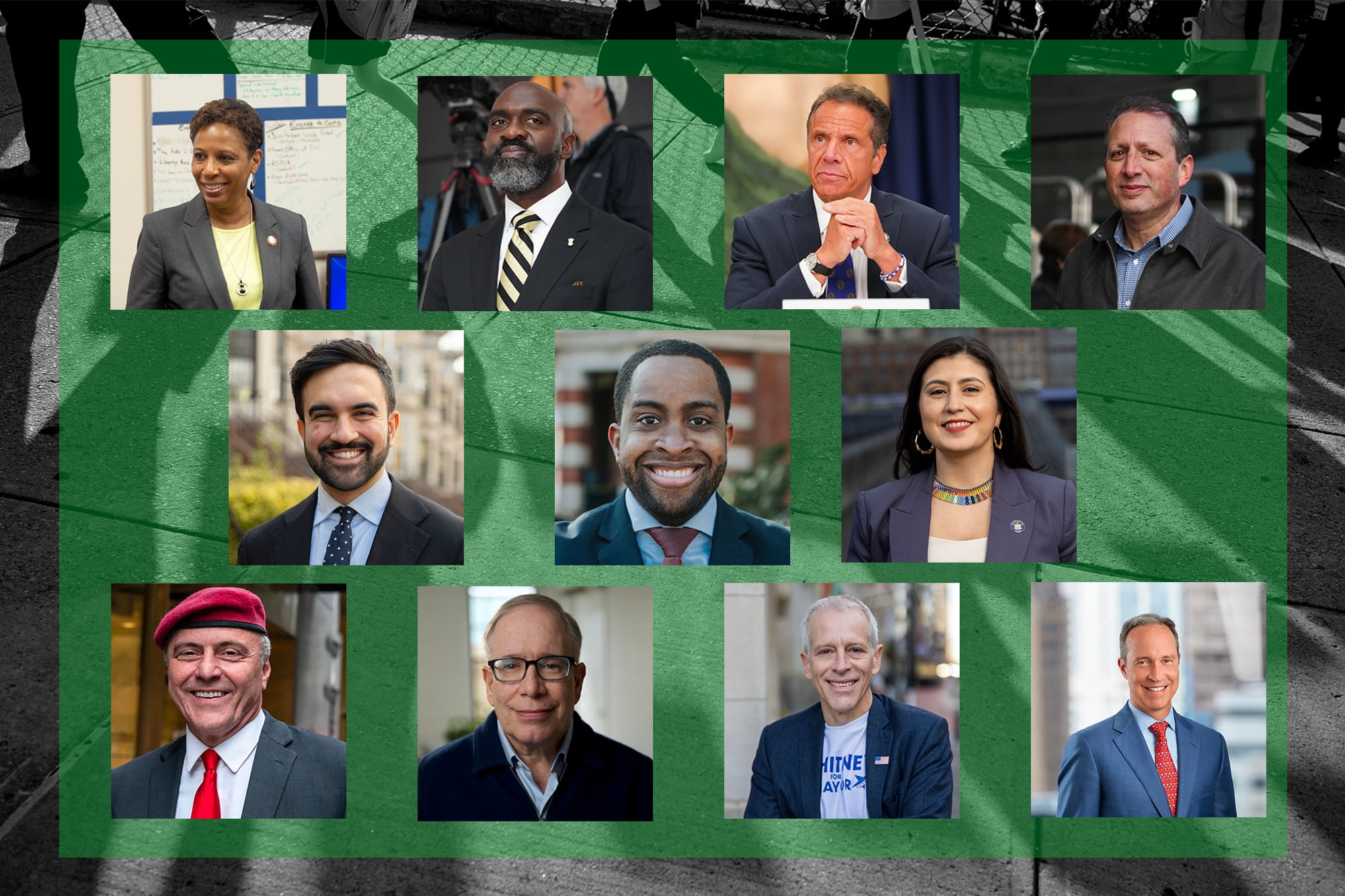 Eleven individual portraits on a transparent yellow background on a black and white photograph of a computer lab.
